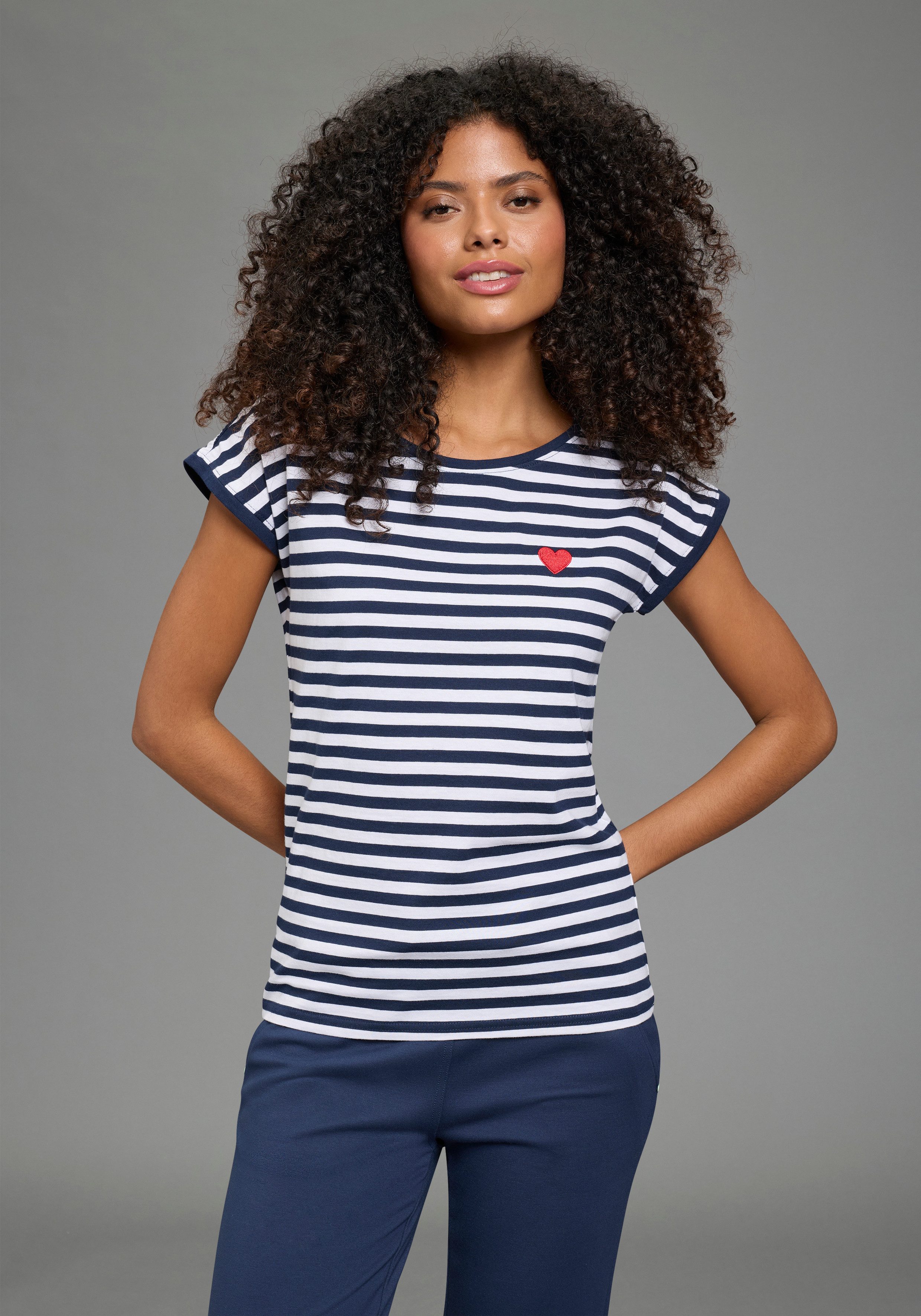 AJC Rundhalsshirt (2er-Pack) gestreift mit Stickerei und einfarbig mit sportlicher Blende