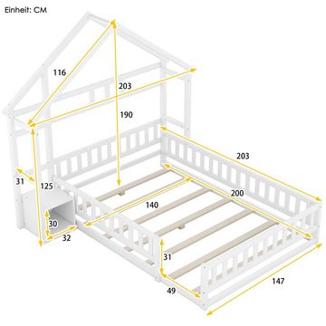 Flieks Kinderbett, Massivholzbett Hausbett mit Nachttisch und Lattenrost 140x200cm