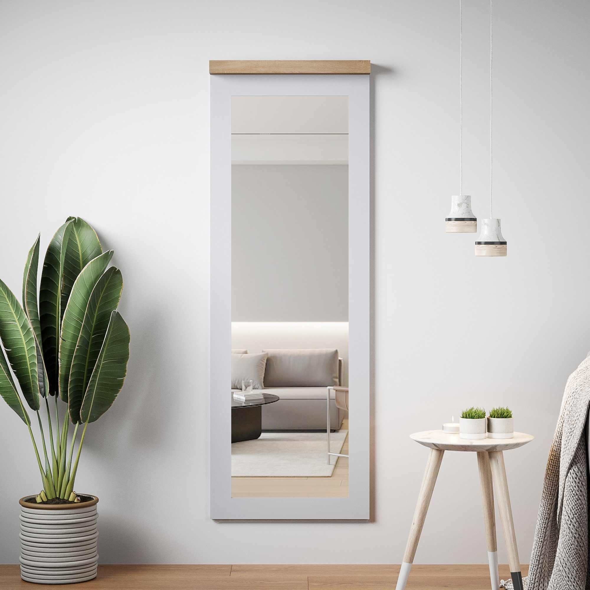 Meerveil Wandspiegel Rechteckiger Ganzkörperspiegel, mit 6 x Ablage, x Holz,38 109 cm, Grau+Natur
