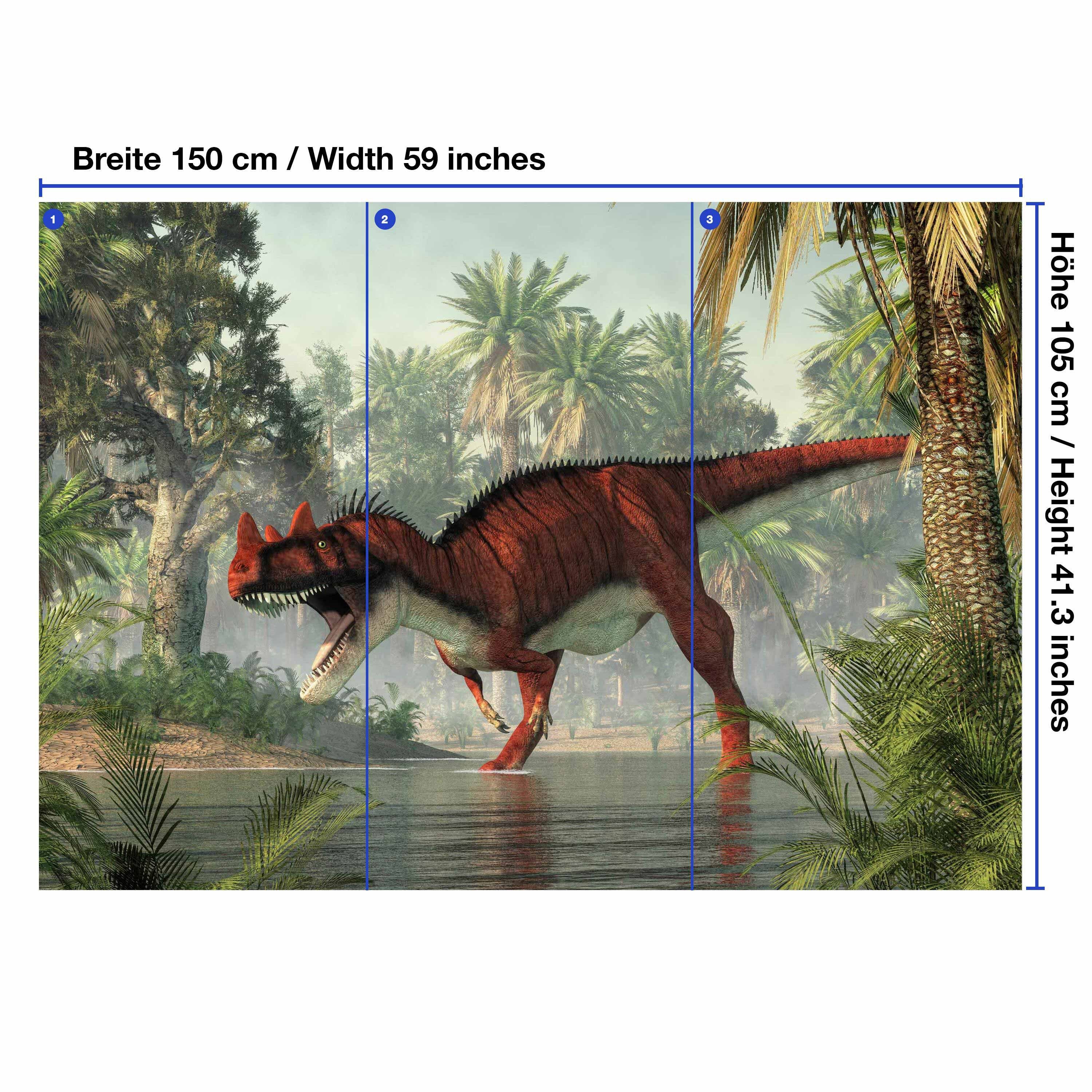 Vliestapete matt, wandmotiv24 glatt, Motivtapete, mit Wandtapete, Ceratosaurus im Palmen, Fototapete Wasser