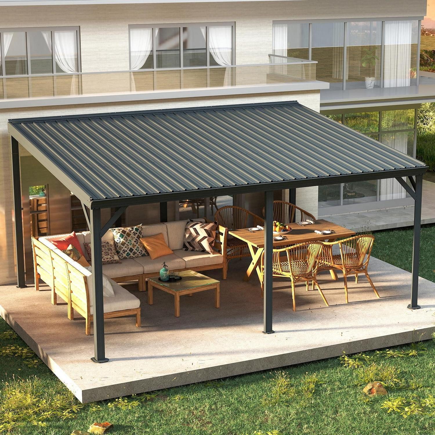 LuxusKollektion Anbaupavillon Wandpavillon Grau 3x4,6m Hardtop Entwässerung