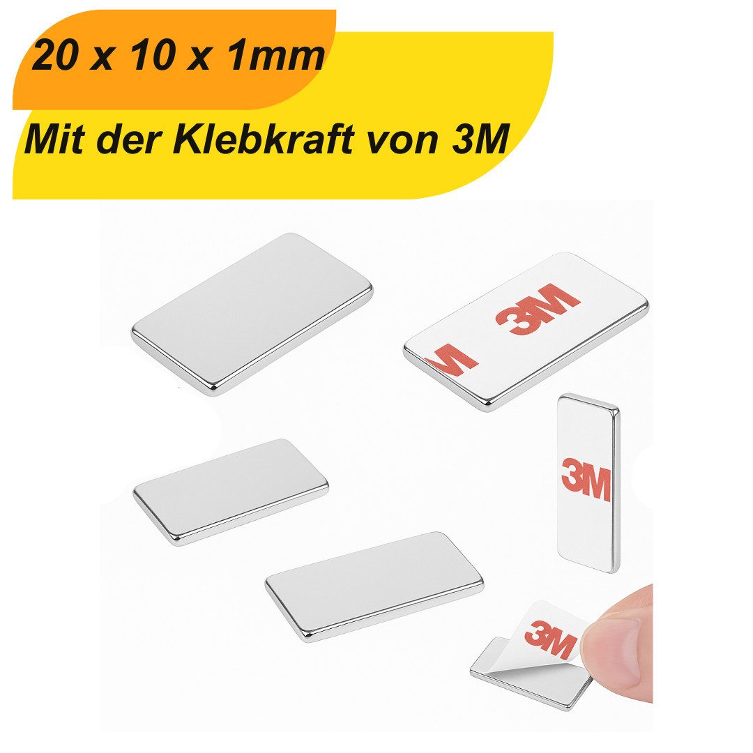 Magnet 3M Selbstklebender Neodym-Magnet 20x10x1 mm Superstarker Quadermagnet