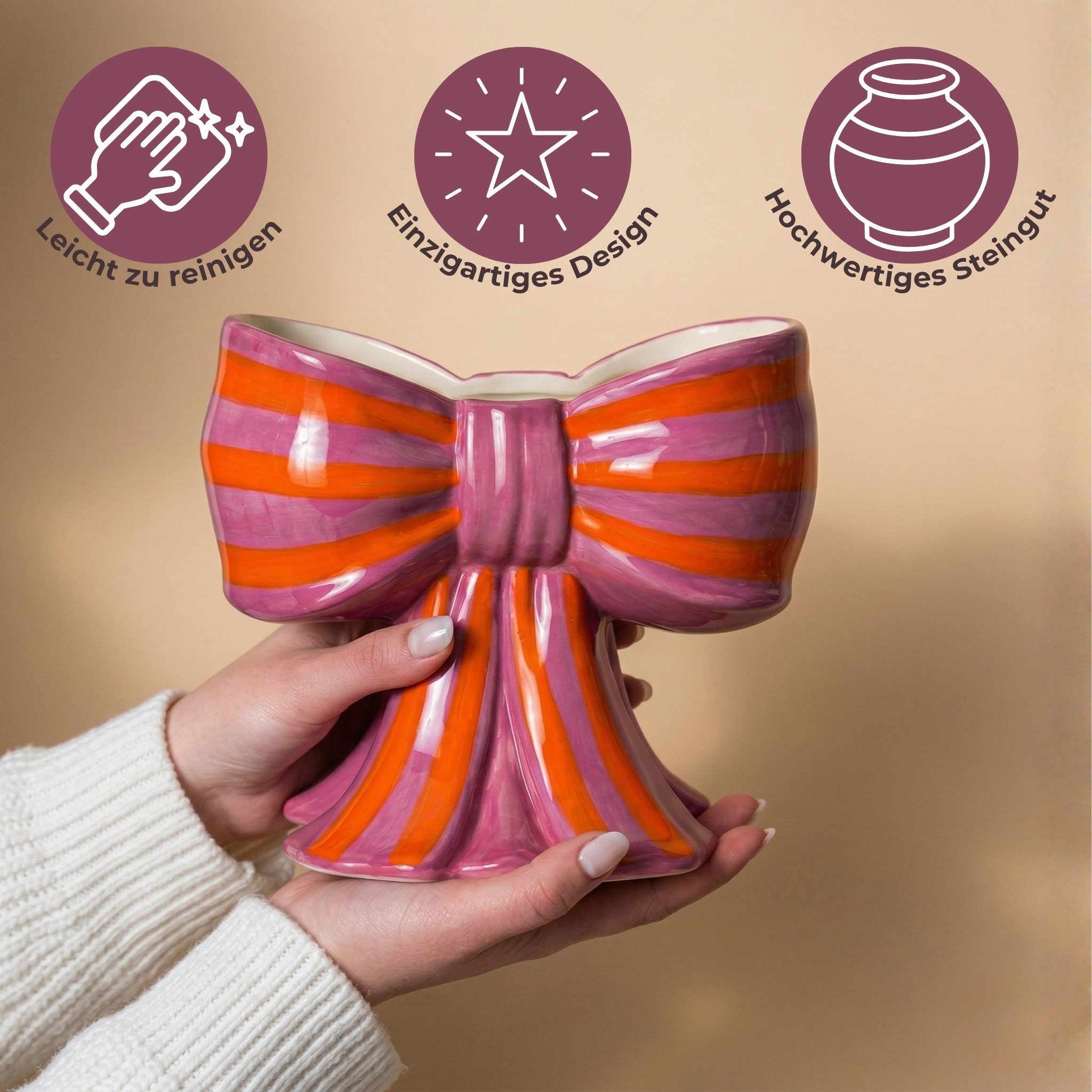 matches21 HOME & HOBBY Dekovase Blumenvase Schleife aus Keramik Gestreift, Dekovase in Lila Orange (1 St), Tulpenvase im Dopamin Stil 15 cm