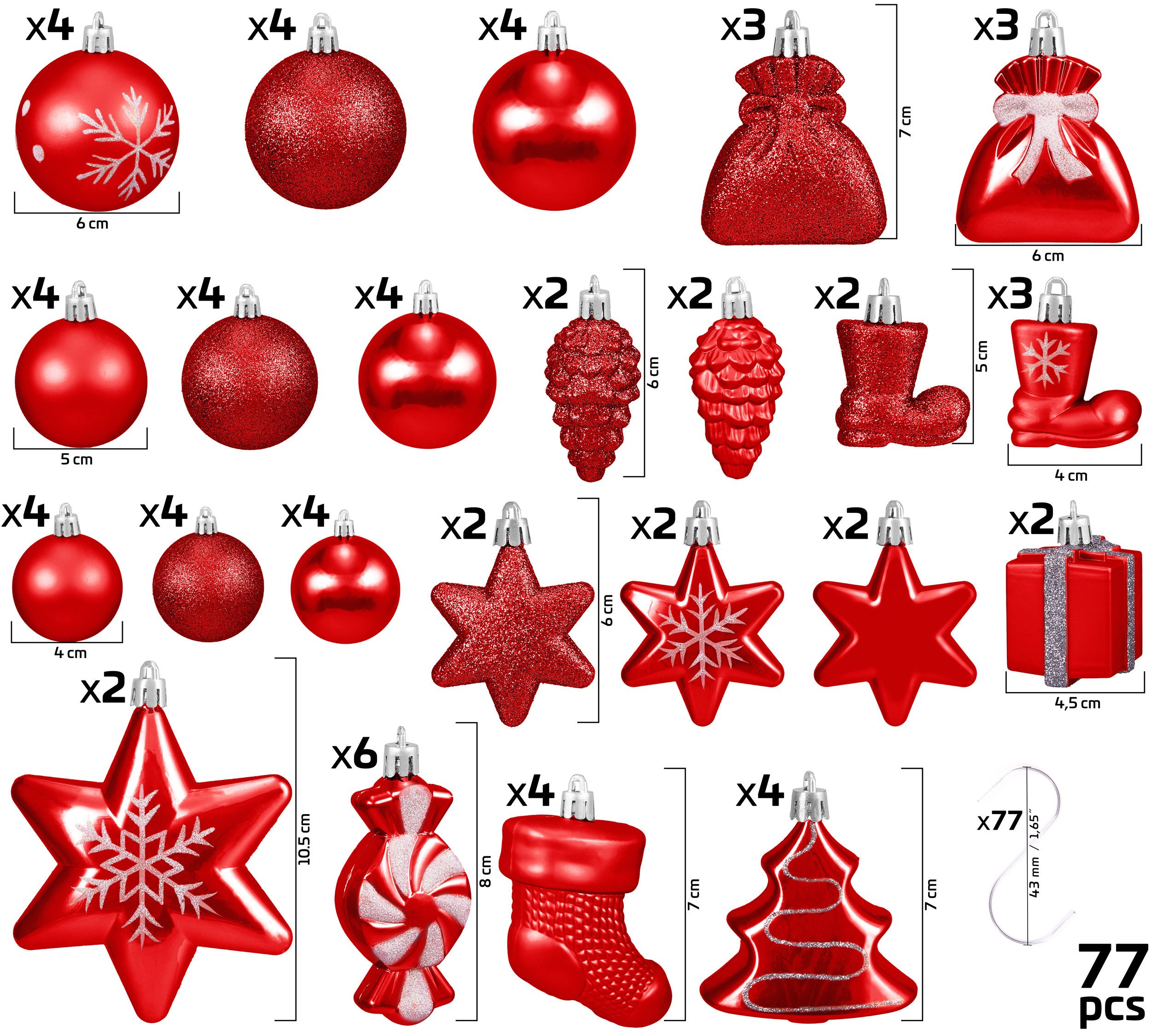 BRUBAKER Weihnachtsbaumkugel 77-teiliges Weihnachtskugel-Set, Christbaumschmuck aus Kunststoff, Weihnachtsdekoration Baumkugeln