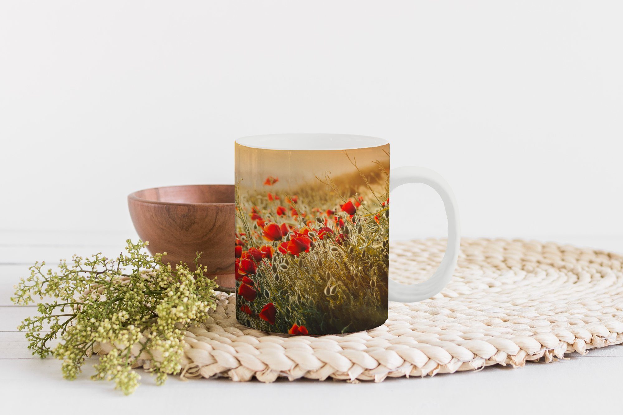 Geschenk Sonnenstrahlen über MuchoWow Mohnblumenstrauß, Teetasse, Kaffeetassen, Becher, Keramik, Tasse einem Teetasse,