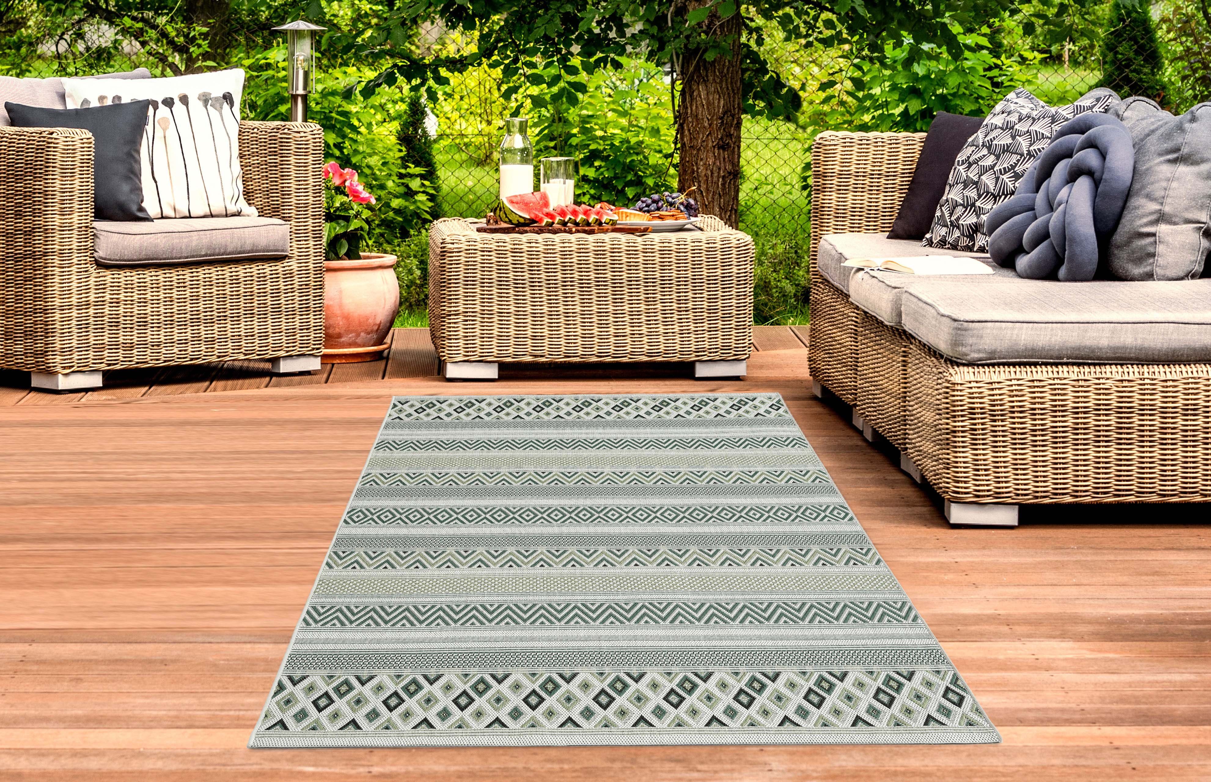 Outdoorteppich Sisal Teppich indoor & outdoor Terrasse Balkon Küche Wohnzimmer gestreiftes Zickzack Diamanten Design sand grün, Carpetia, rechteckig, Höhe: 8 mm | Kurzflor-Teppiche