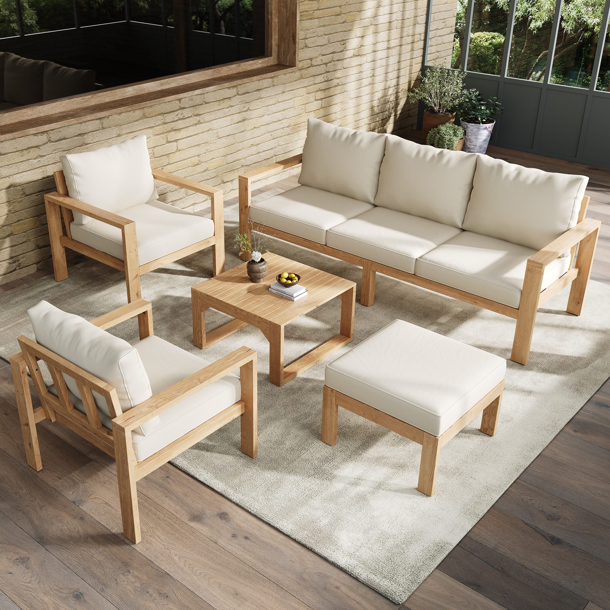 BlingBin Gartenlounge-Set Gartenmöbel-Set aus Akazienrahmen, Garten-Essgruppe für 4-6 Personen, (5er Set, 5-tlg., Dreisitzertisch + zwei Einzelstühle + Fußhocker + Couchtisch), Loungesessel-Set für Garten, Terrasse & Balkon, Natur + Creme