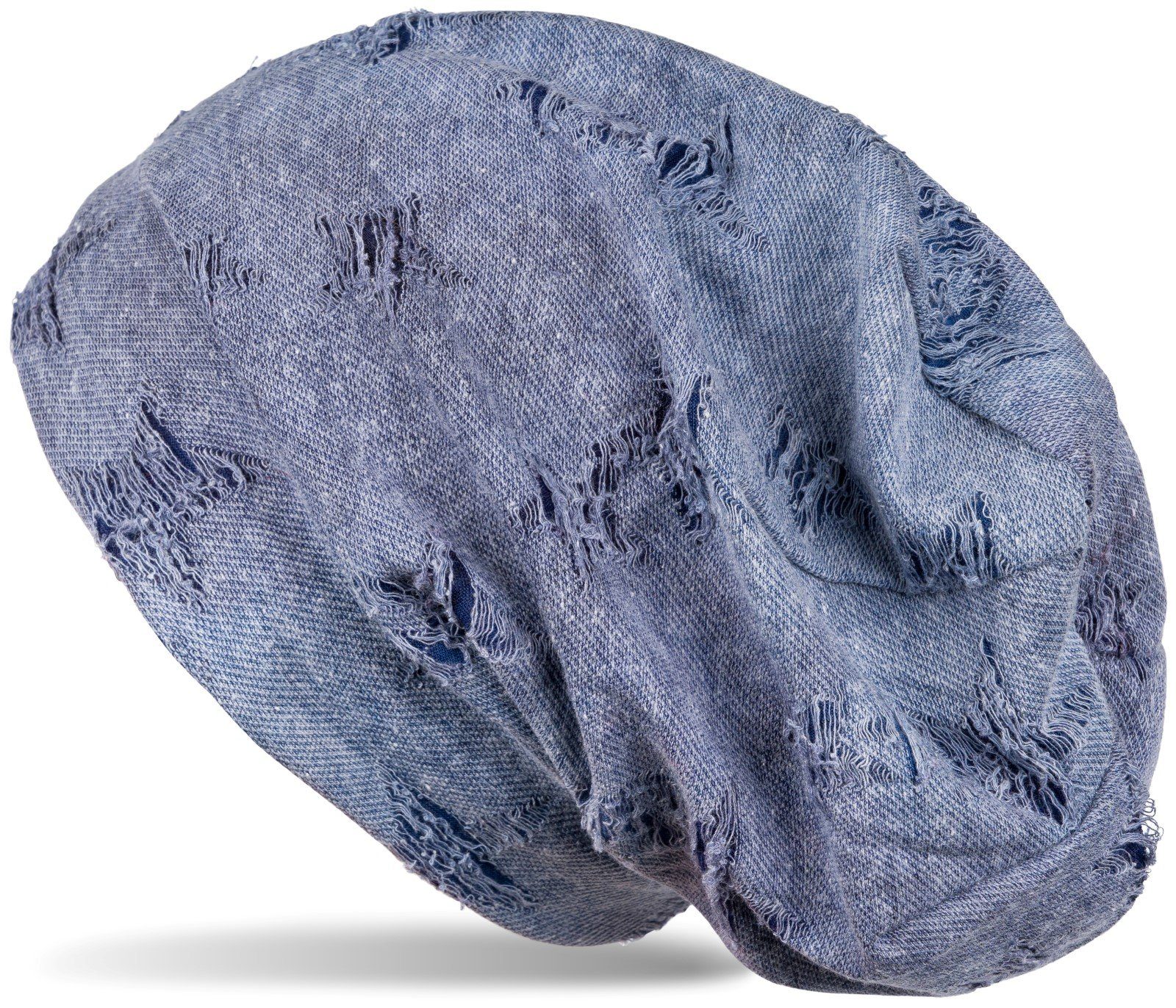 styleBREAKER Beanie (1-St) Beanie Mütze Destroyed Denim Sterne Hellblau