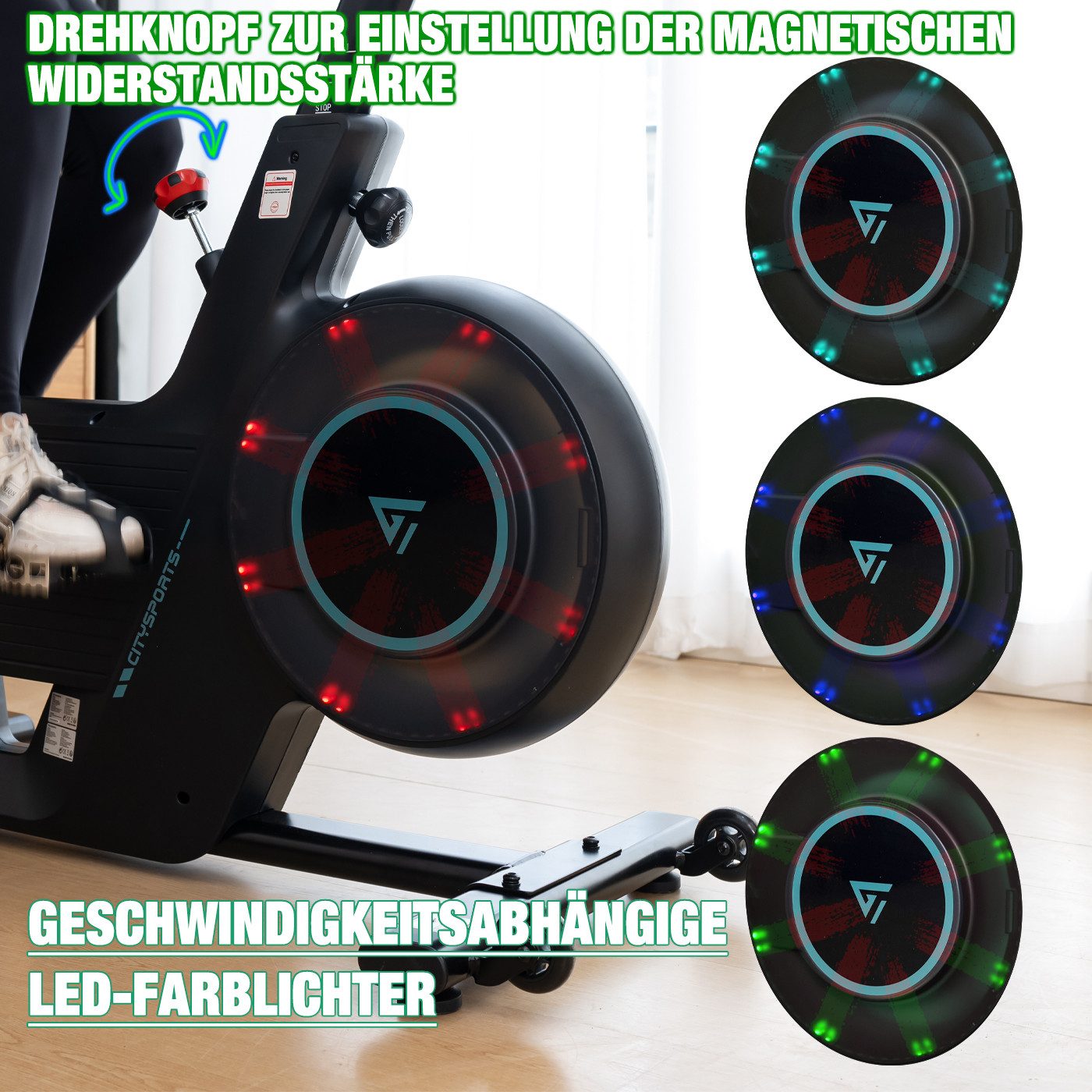 CITYSPORTS Heimtrainer mit Trainingsspiel-App, X-BIKE,Fitnessbike, max 120kg, Leise magnetischer Widerstand,LED-Stimmungsbeleuchtung