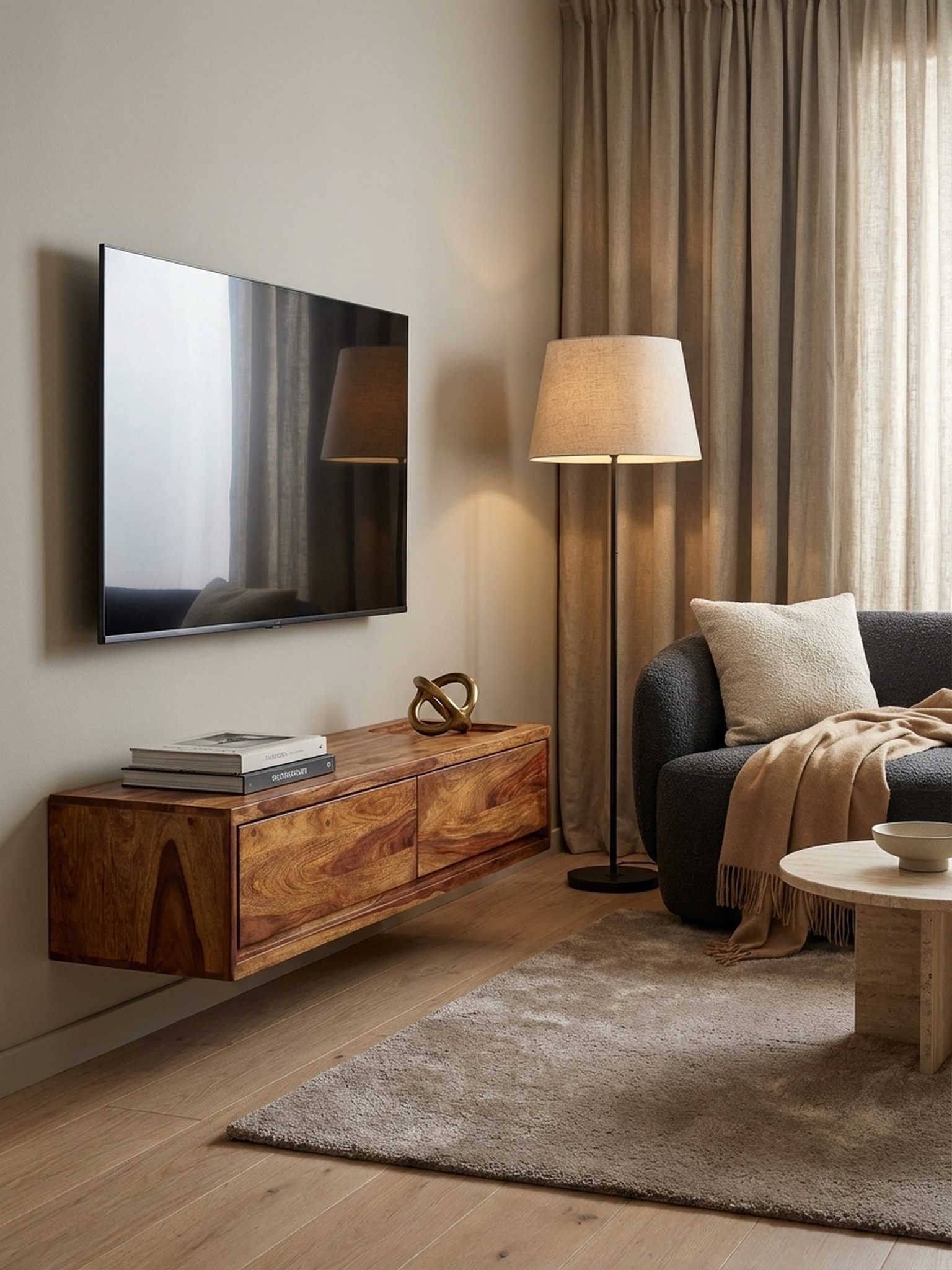 KADIMA DESIGN Lowboard Lowboard Hängend Massivholz 108x25x34 cm TV-Schrank Braun Wandregal (TV-Kommode Fernsehkommode zum Aufhängen), Design Fernsehtisch mit Stauraum, Fernsehschrank Wand Modern