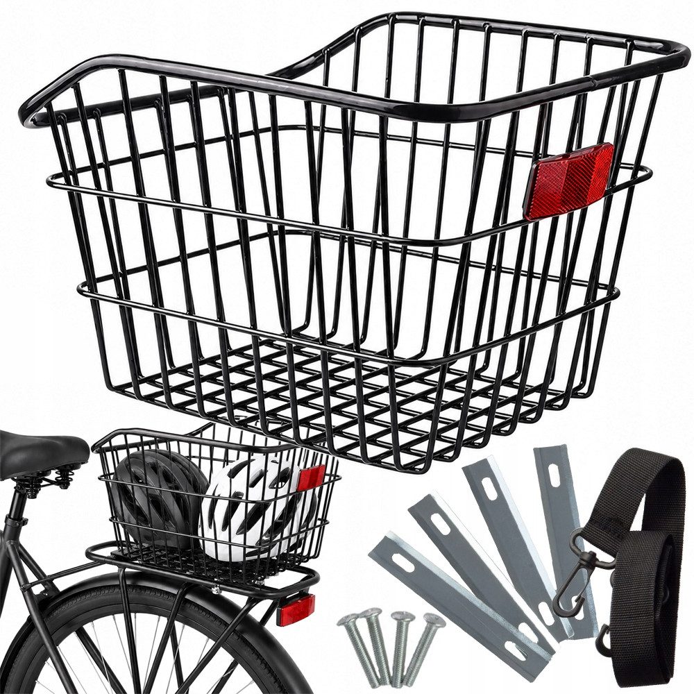 VERK GROUP Fahrradkorb Fahrradkorb hinten Gepäckträger Metallkorb Schwarz 38×31×25 cm (1-tlg), Integrierter Reflektor, Befestigungsgurt inklusive