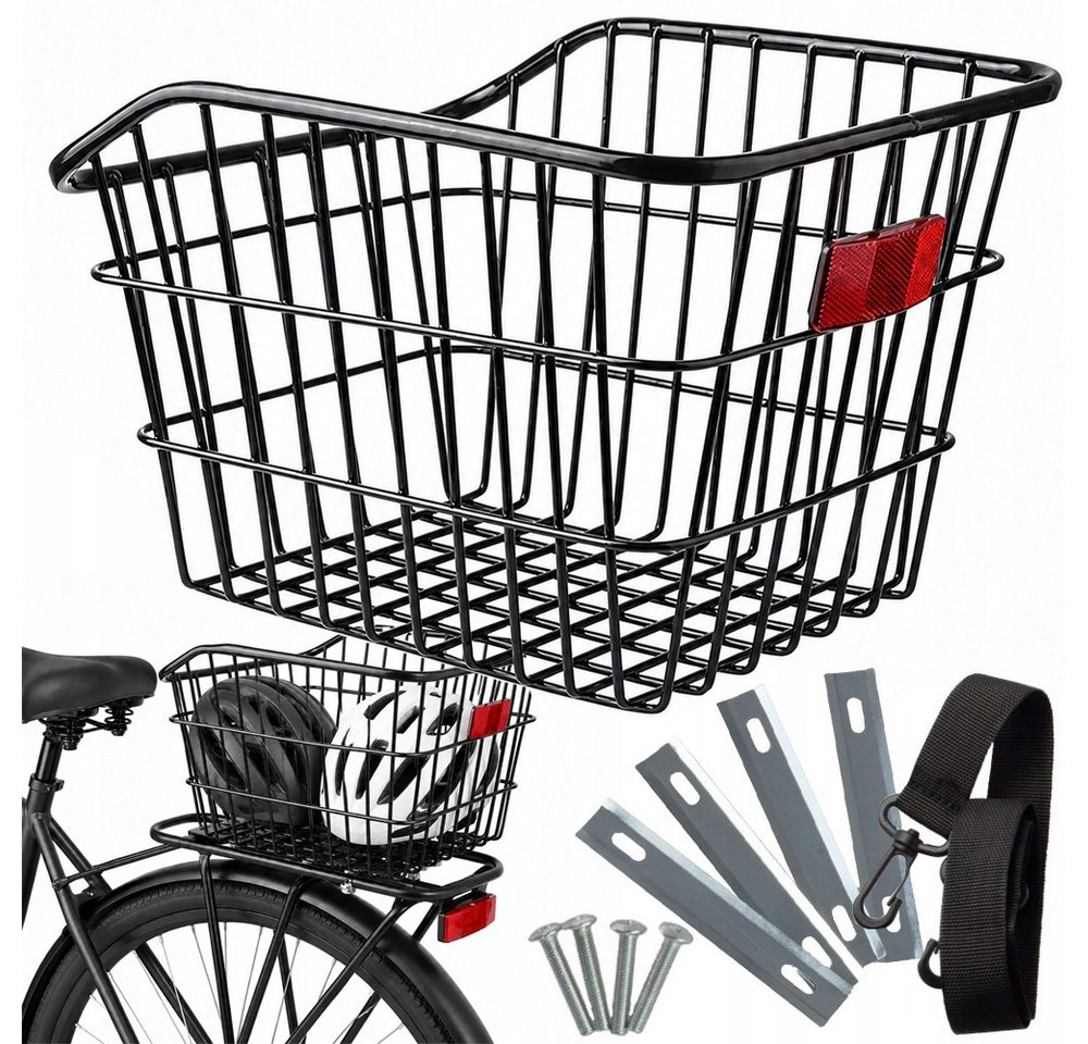 VERK GROUP Fahrradkorb Fahrradkorb hinten Gepäckträger Metallkorb Schwarz 38×31×25 cm (1-tlg), Integrierter Reflektor, Befestigungsgurt inklusive