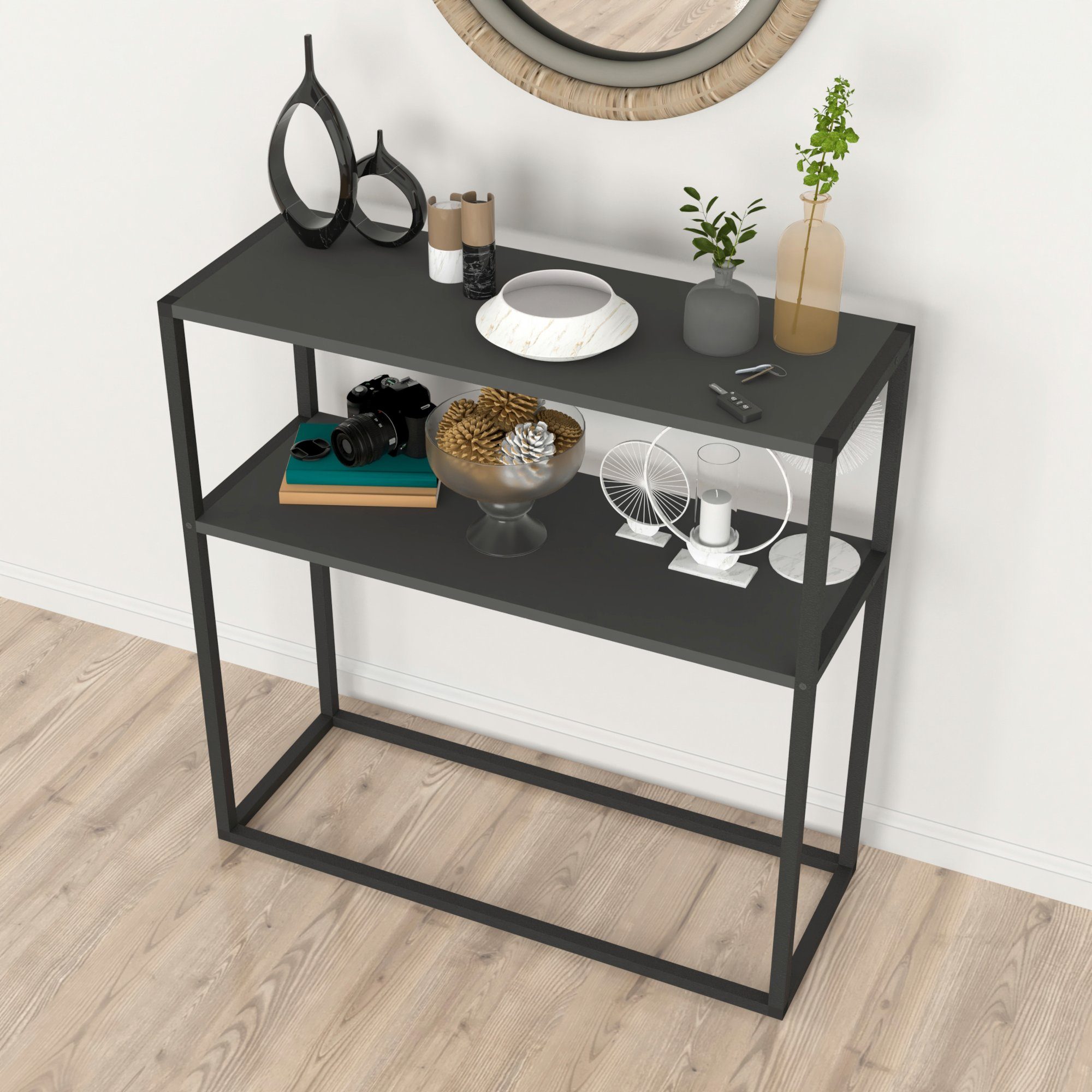 en.casa Konsolentisch, »Hemsedal« Tisch mit einer Ablage 90 x 90 x 33,5 cm Anthrazit