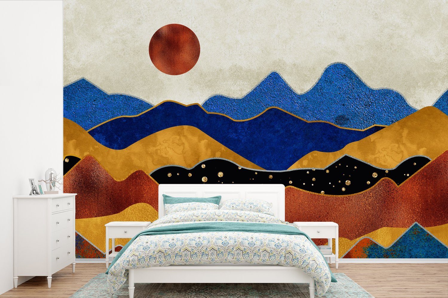 MuchoWow Fototapete Marmor - Gold - Blau, Matt, bedruckt, (6 St), Wallpaper für Wohnzimmer, Schlafzimmer, Kinderzimmer, Vinyl Tapete