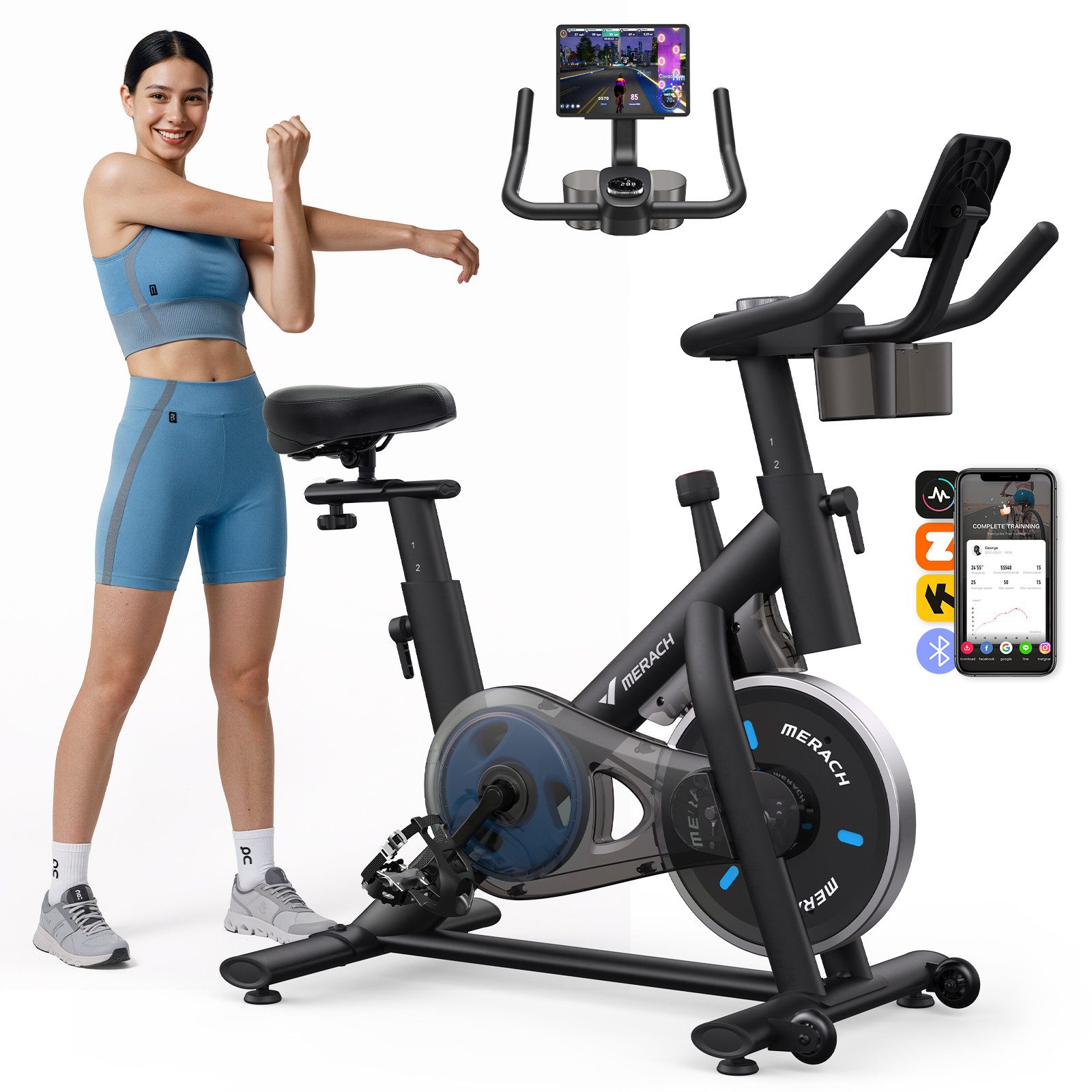 MERACH Heimtrainer mit verstellbarem Widerstand, leise mit LED-Monitor (1-tlg., inkl. verbessertem LED-Monitor, App, Halter & Speedbike), Kardiotraining Riemenantrieb, stabile Konstruktion, bis 136kg