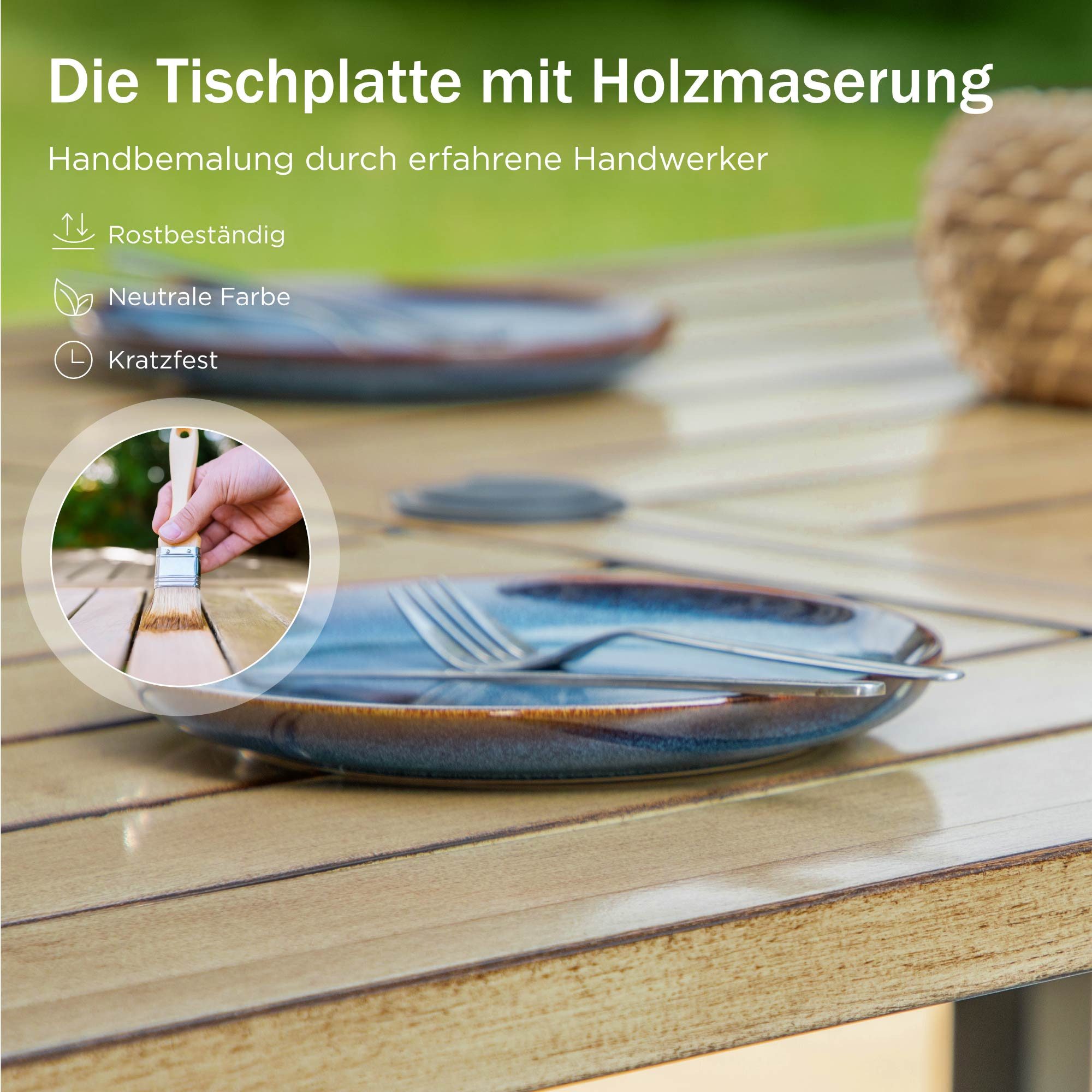 PHI VILLA Gartentisch (4cm Schirmloch für Terrasse Bistro Garten, Holzähnlicher Metall Tischplatte), mit Schirmloch Terrassentisch Gartentische Wetterfester
