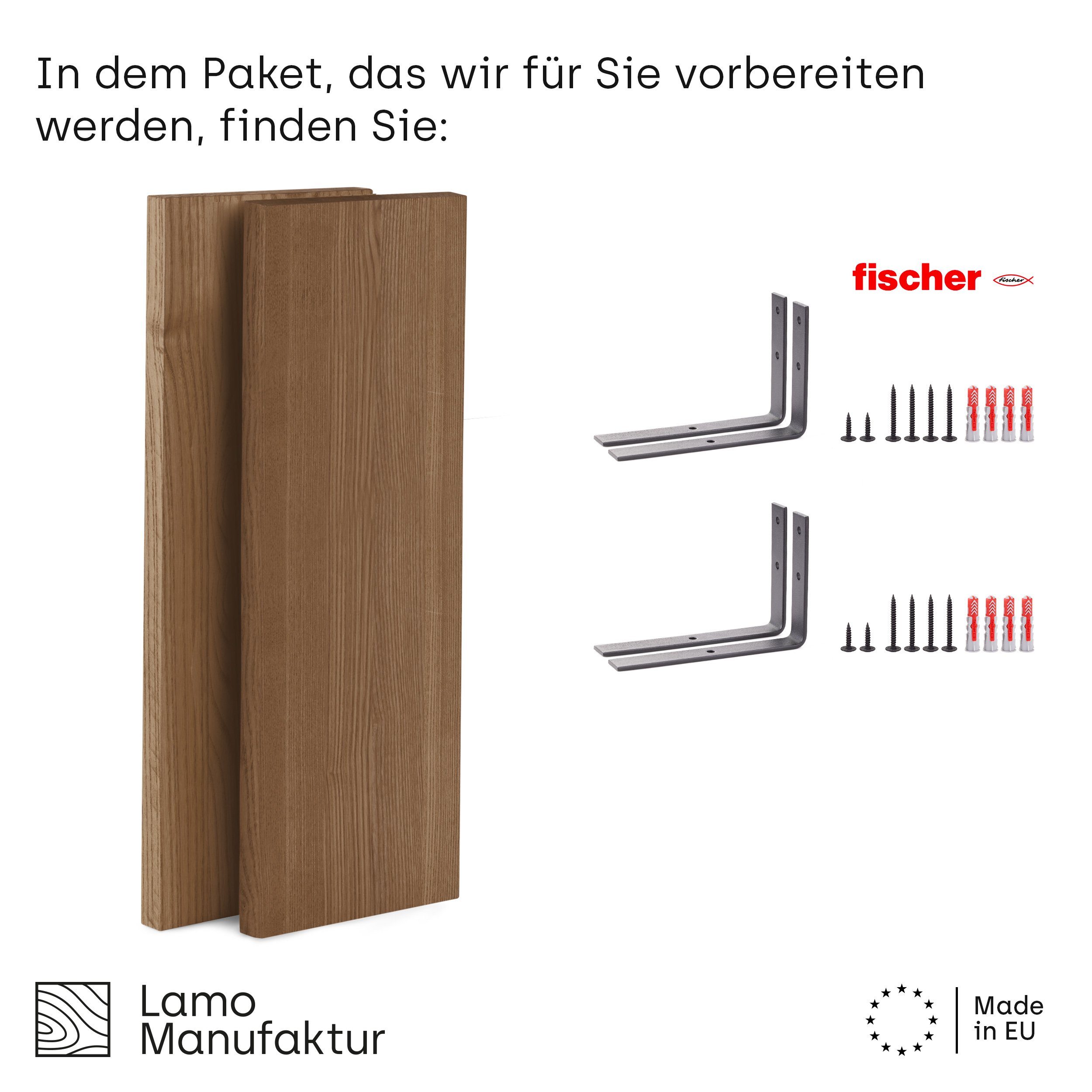 LAMO Manufaktur Wandregal LAMO Manufaktur 2 Stück Wandregal Holz 2x 42cm, Schweberegal Massiv 100% Echtholz, Wandregale SET 4 Gerade Farbe: Nussbaum