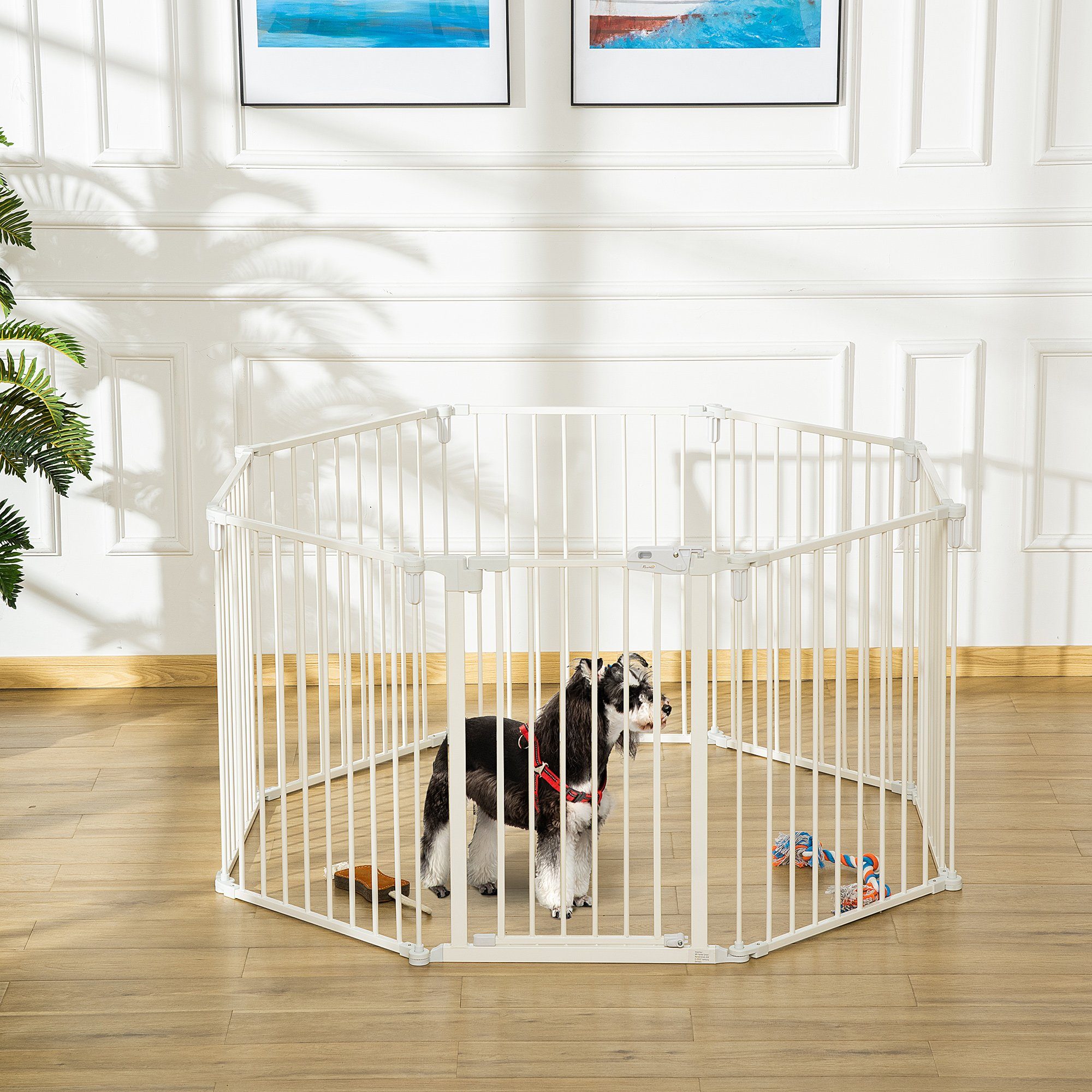 Thumbnail - PawHut Freigehege Schutzgitter für Hund mit Tür, Weiß 482,5 x 2 x 76 cm