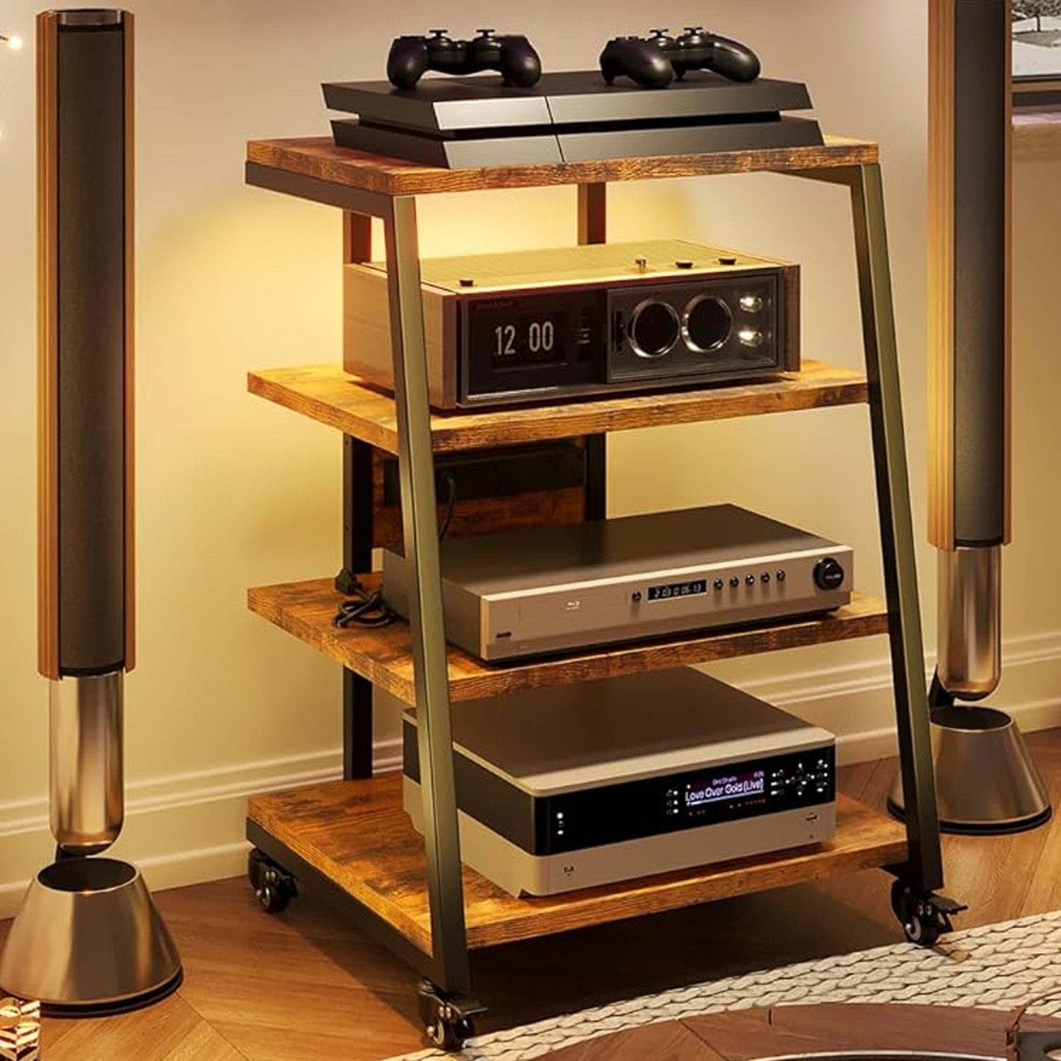 XIIW TV-Rack HiFi Möbel Rack mit LED & Rädern Plattenspieler-Ständer TV-Regal (4 Etagen, 60 x 51 x 85 cm), Media-Regal mit 2 RGB-LEDs per App, Verstellbaren Ablagen, bis 140 kg