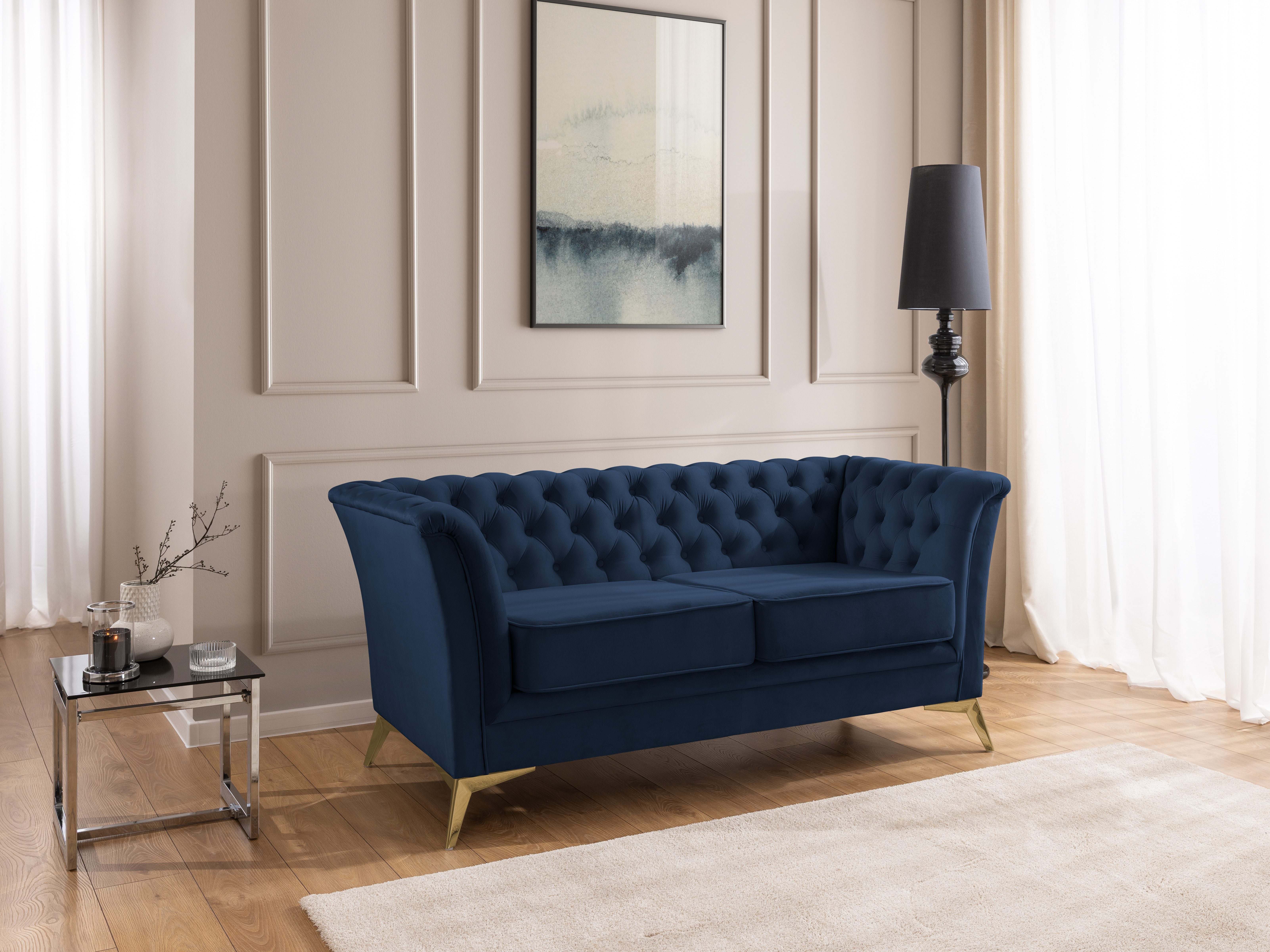 S-Style Möbel Chesterfield-Sofa Whitby, 2-Sitzer aus Samt mit goldenen, silbernen oder schwarzen Füßen, mit Wellenfederung
