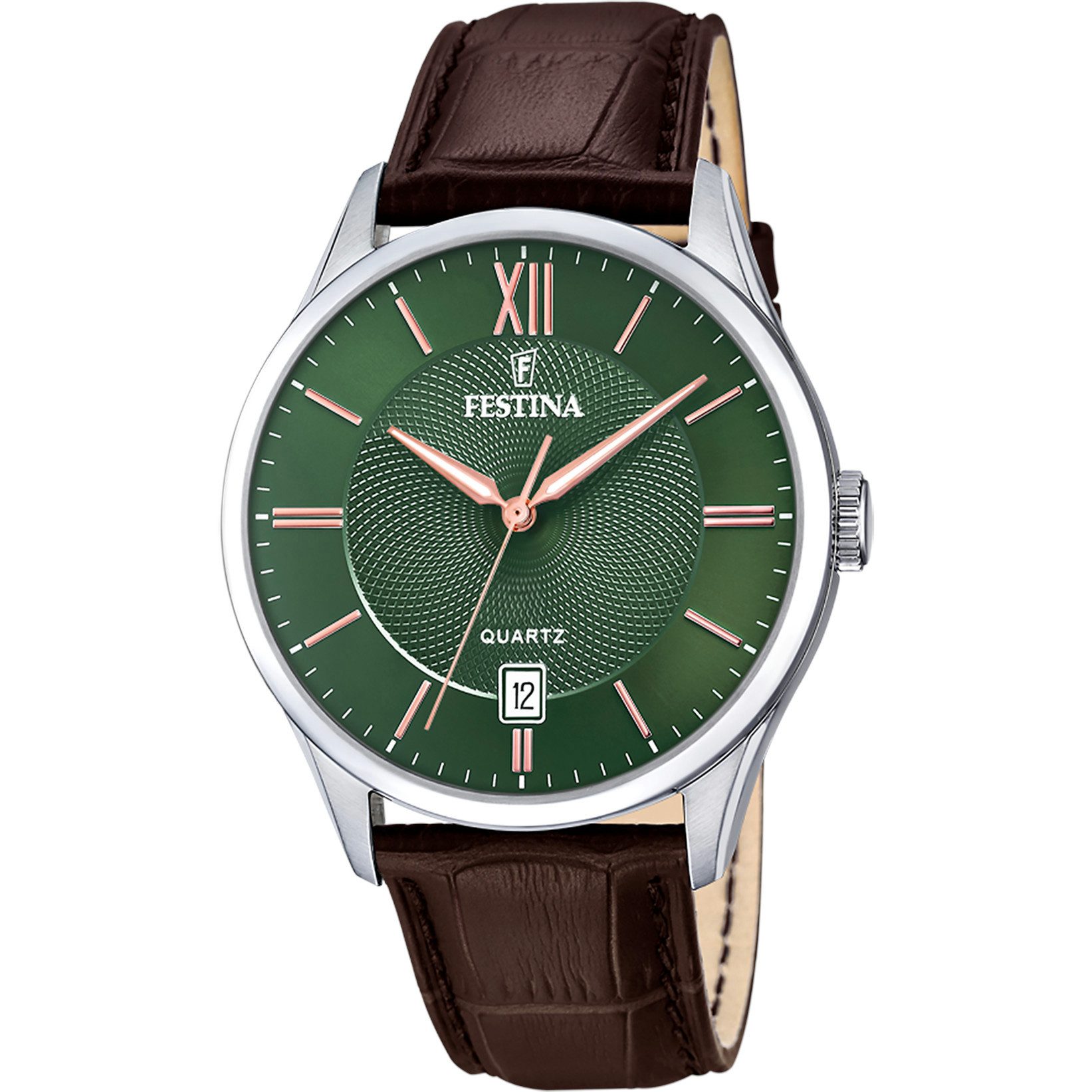 Festina Quarzuhr Herrenuhr F20426/8, 43 mm – Grün-Braune Armbanduhr mit Lederband, Klassisch-sportliches Design mit Datumsanzeige & Quarzwerk
