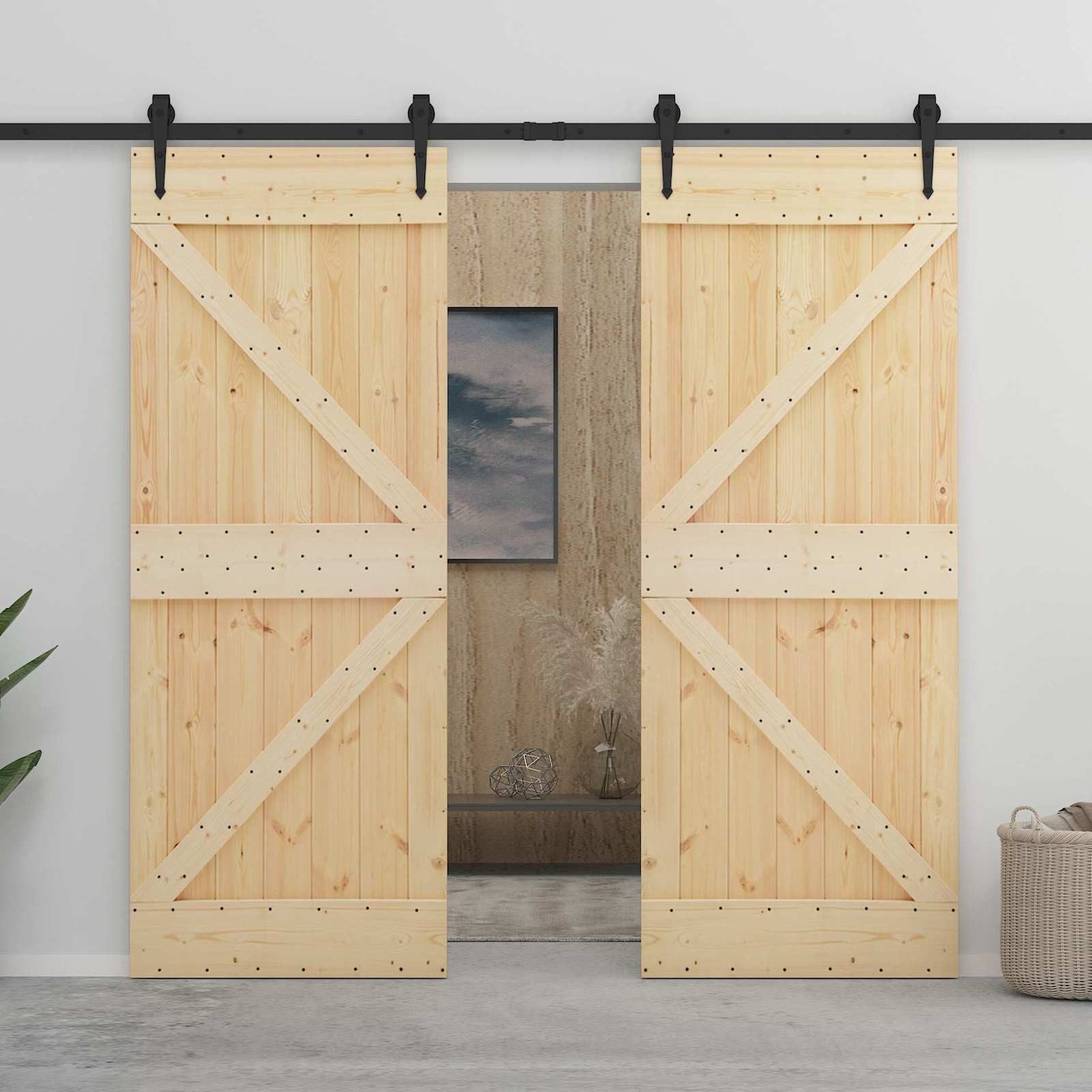 furnicato Schiebetür Massivholz 200 x 210 cm Natur und Schwarz, Platzsparende Schiebetür mit Stahlschiene für deinen Innenbereich