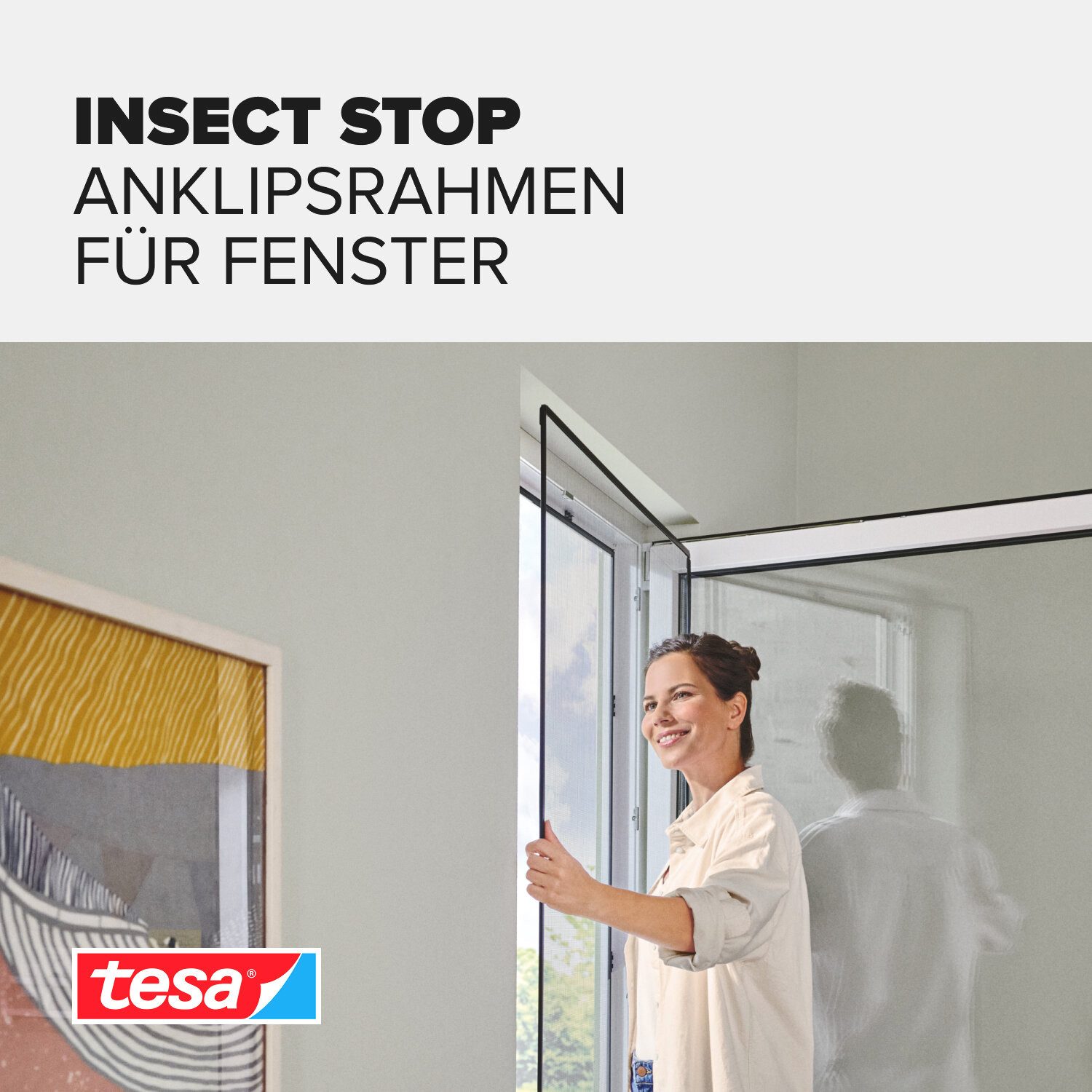 tesa Fliegengitter-Gewebe Anklips-Rahmen Fliegengitter für Fenster, Anthrazit (Durchsichtig), (Komplett-Set, 1-St., selbstklebende Halte-Klips - 1,0 x 1,2 m - A – Bild 3 von 5