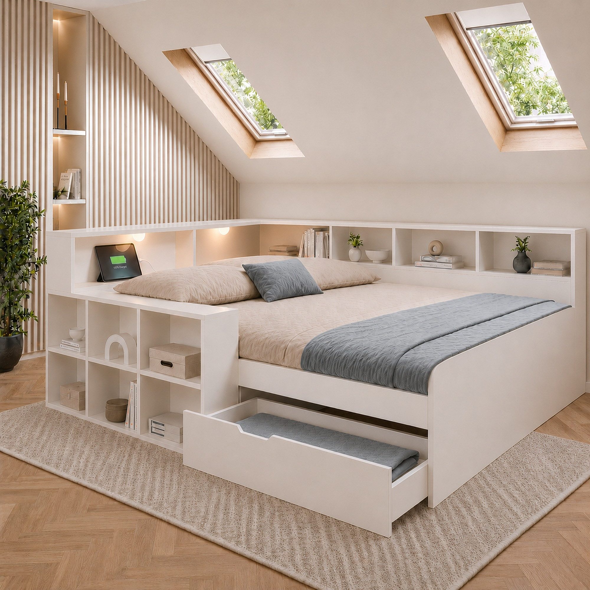 Flieks Holzbett, Kinderbett 140x200cm mit Stauraumregal, Schublade, Leselicht, Aufladen