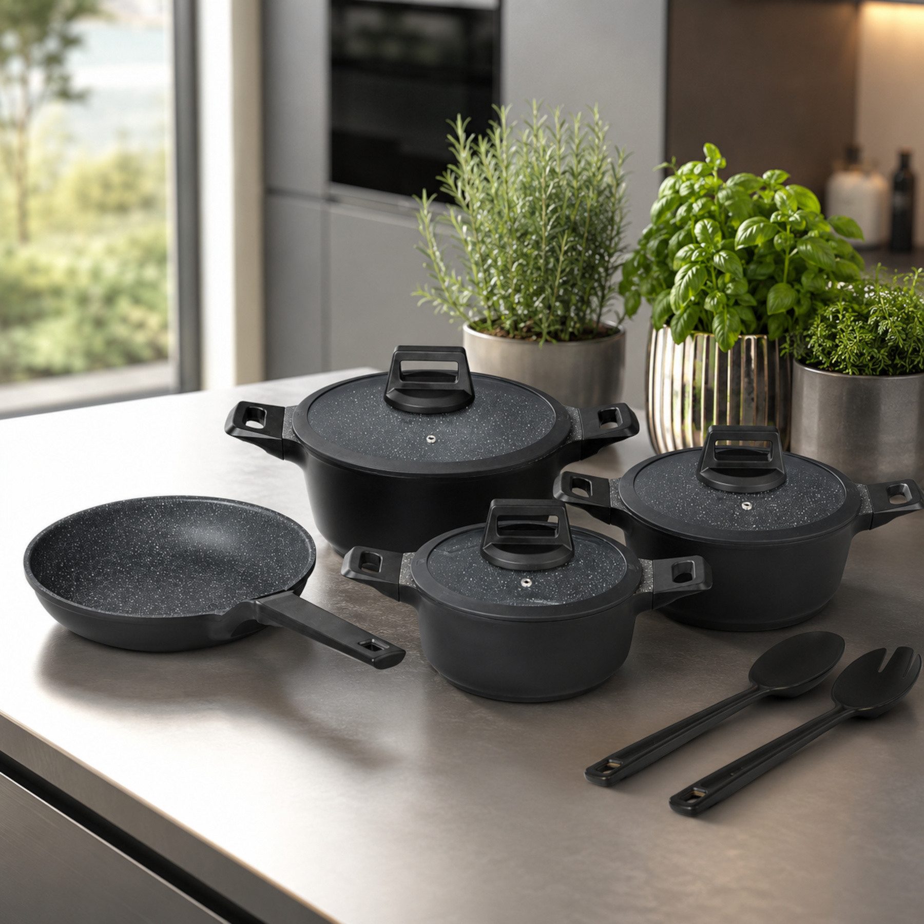 Mulex Topf-Set MALAGA, aus hochwertigem Aluguss, Aluminiumguss (Set, 7-tlg., Kochtopfset inkl. Bratpfanne), hitzebeständige Bakelitgriffe, inkl. Softtouch-Silikon Glasdeckel