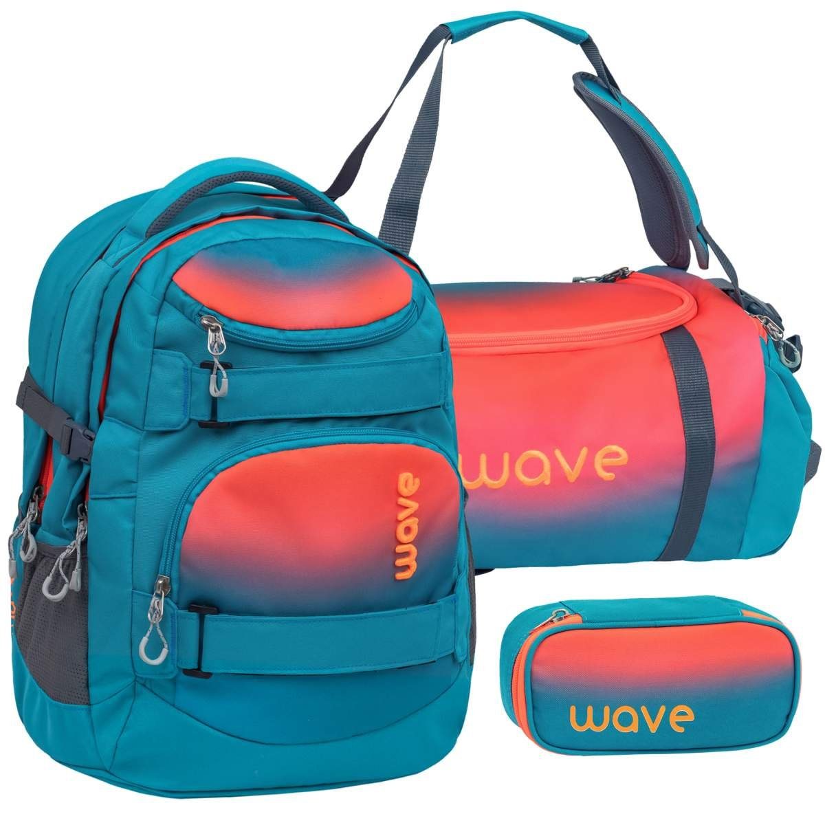 Wave Schulrucksack Infinity, Schultasche, ab 5. Klasse, 3tlg. Set, für Mädchen und Jungen Teenager Ombre Neon Orange and Bluebird