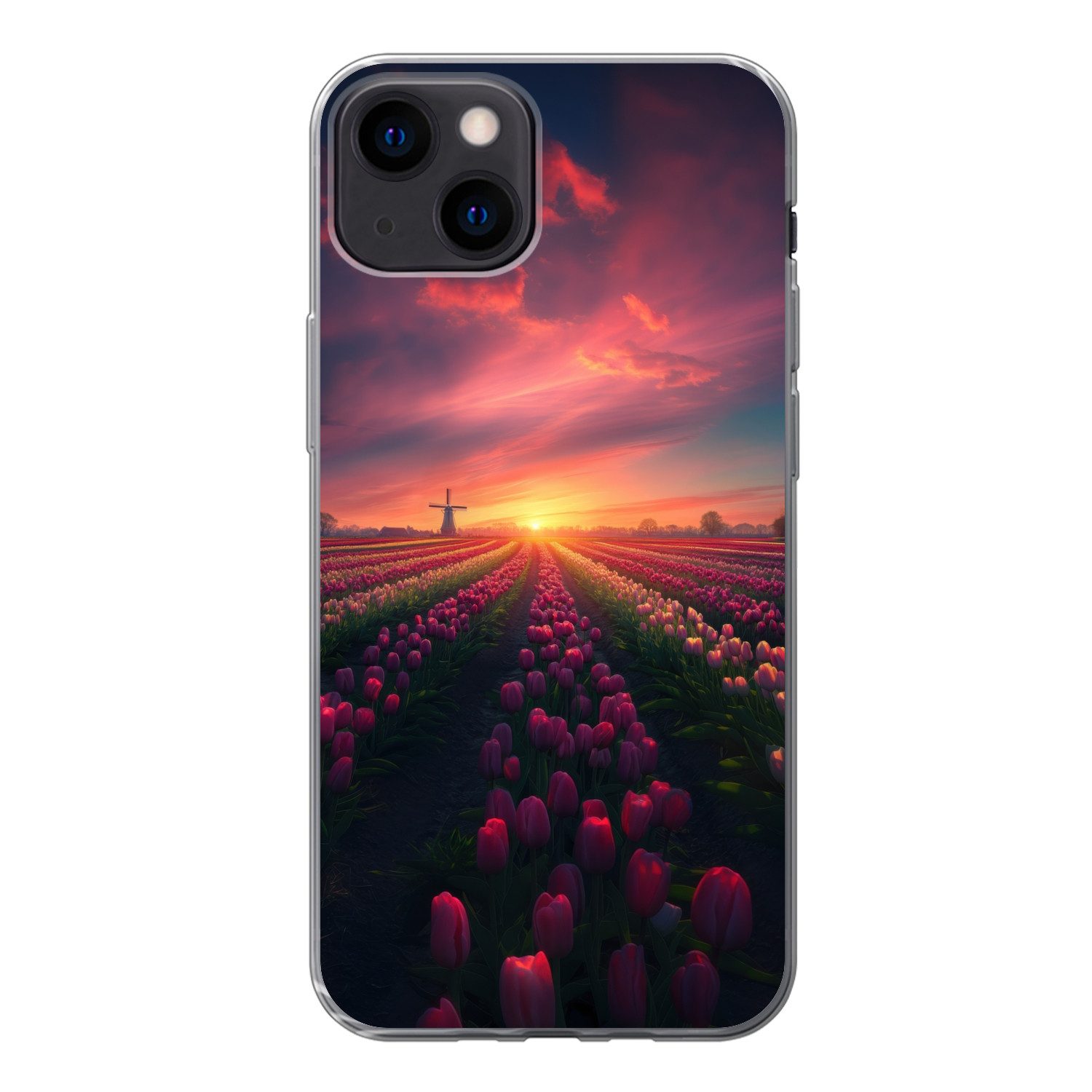 MuchoWow Handyhülle für Apple iPhone 13 Windmühle - Sonnenuntergang - Landschaft, Smartphone-Bumper, Print, Handy Schutzhülle Dünn