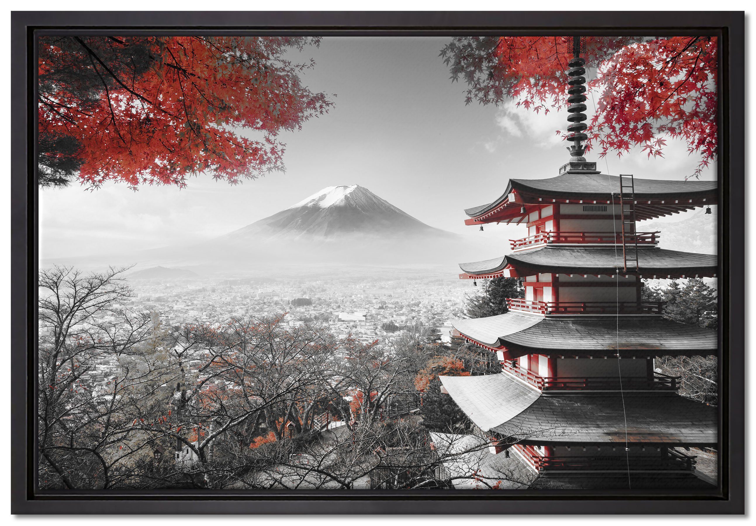 in Herbst, Schattenfugen-Bilderrahmen inkl. St), Tempel (1 im Pixxprint fertig Leinwandbild Leinwandbild Zackenaufhänger einem Japanischer Wanddekoration bespannt, gefasst,