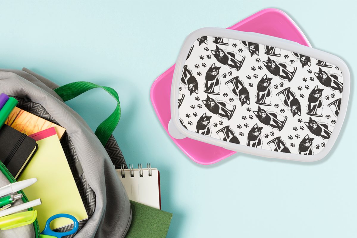 Mädchen, - Kunststoff, Brotdose Schwarz Brotbox - (2-tlg), MuchoWow - - Katze - Kinder Muster Jungen für rosa - Kinder, Lunchbox Snackbox, Kunststoff Mädchen Erwachsene, Kind, - Weiß