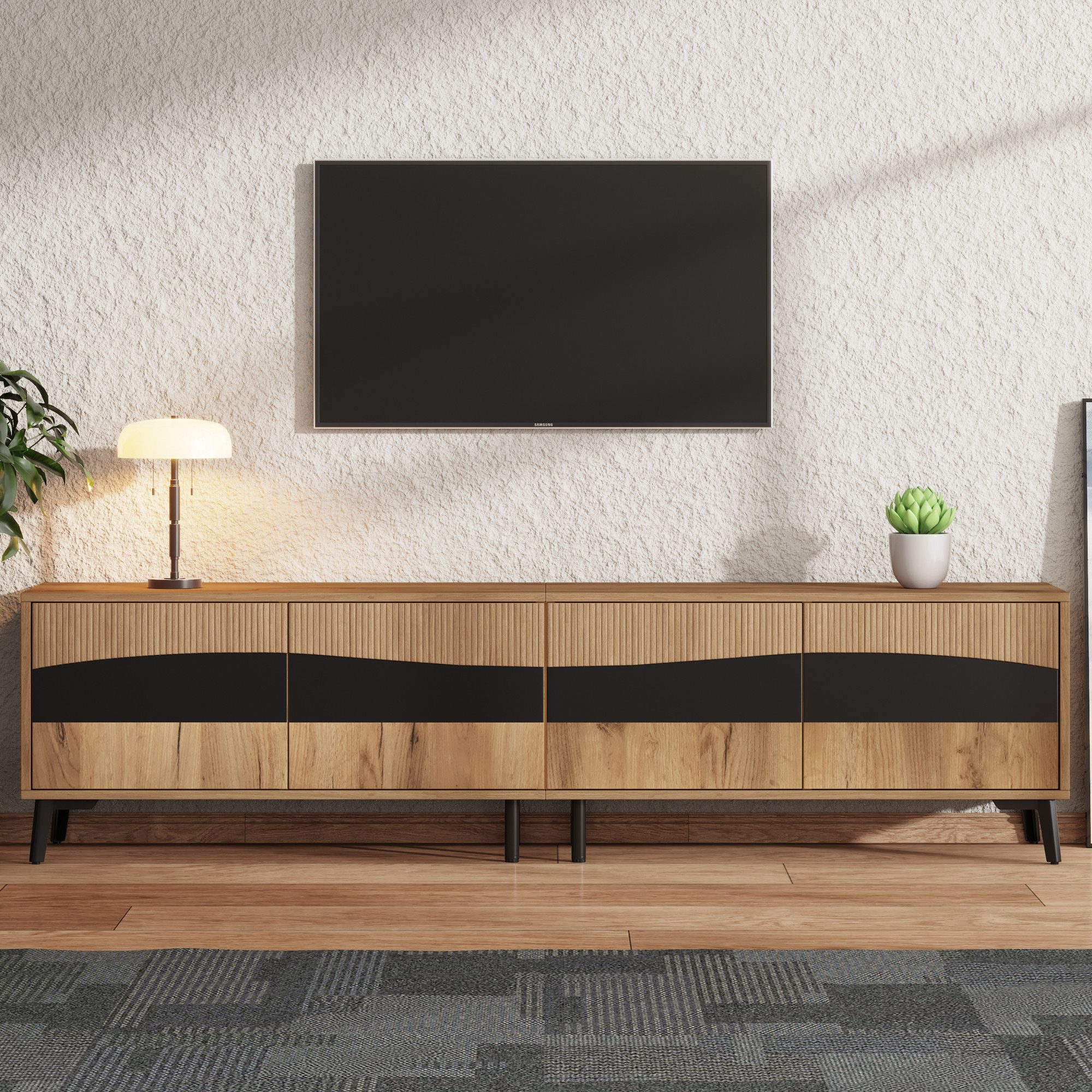 KLAM HOME Lowboard Modernes Lowboard TV-Schrank 180 cm, Symmetrisches Design (Medienregal mit 4 Schränken & 8 Beinen), Stilvolles Möbelstück fürs Wohnzimmer in Holzoptik