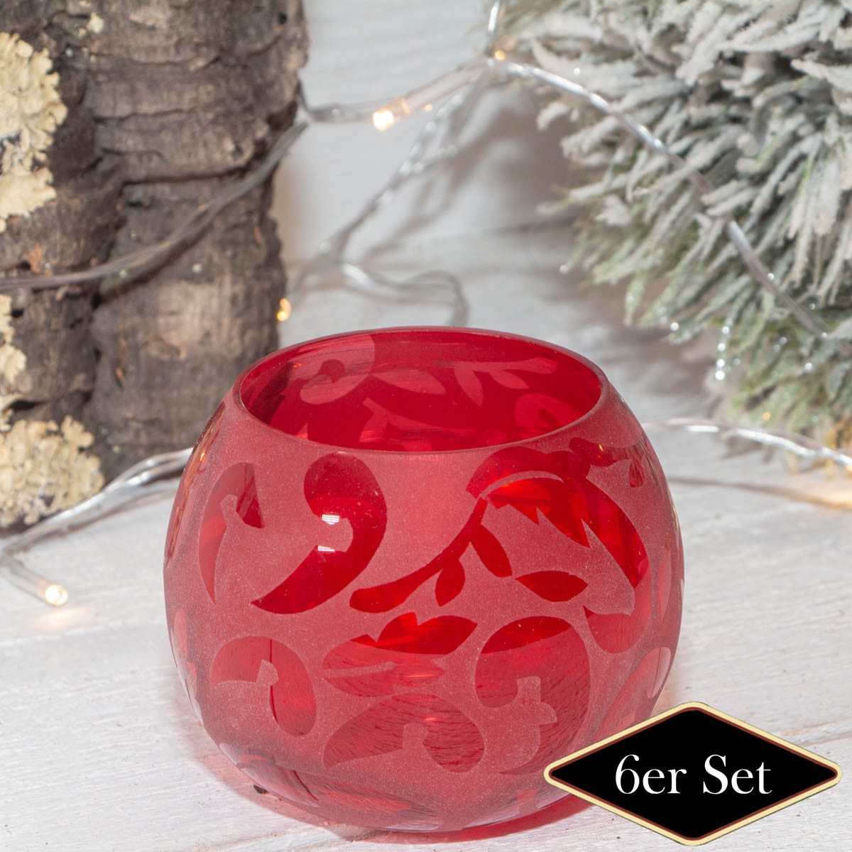 Antikas Weihnachtsfigur Teelichthalterset, Ornament, 6er Set, Glas, Rot, H7,5xB8,5 cm