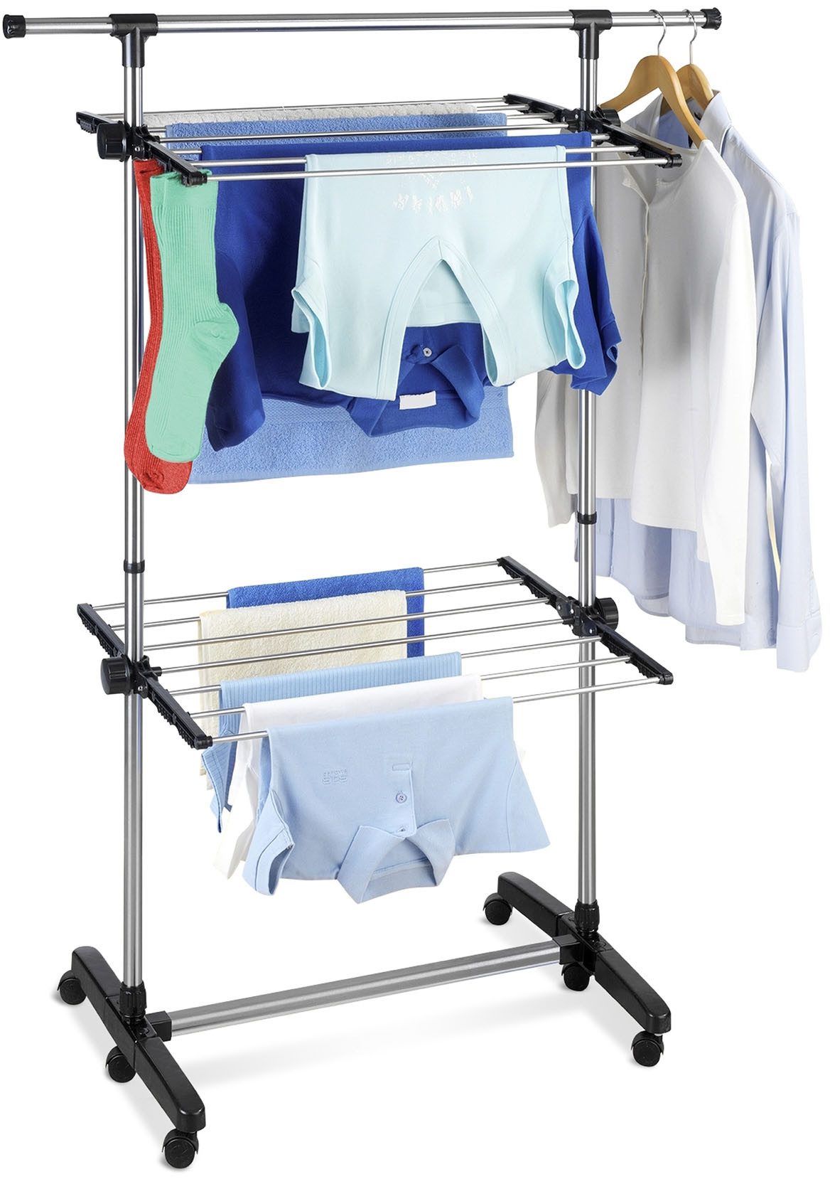 Maximex Turmwäscheständer Modell Platzsparend, Wäscheständer mit 2 Etagen und 6 Rollen, Trockenlänge 11 m, klappbar
