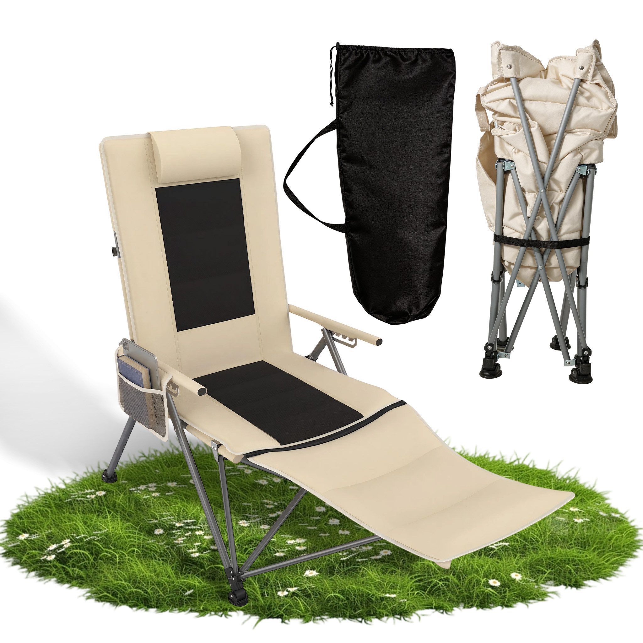 FIVMEN Campingstuhl Faltbar Liegestuhl mit 4-Fach Verstellbarer Rückenlehne, Liegestuhl Relaxsessel mit Seitentasche, für Garten Picknick