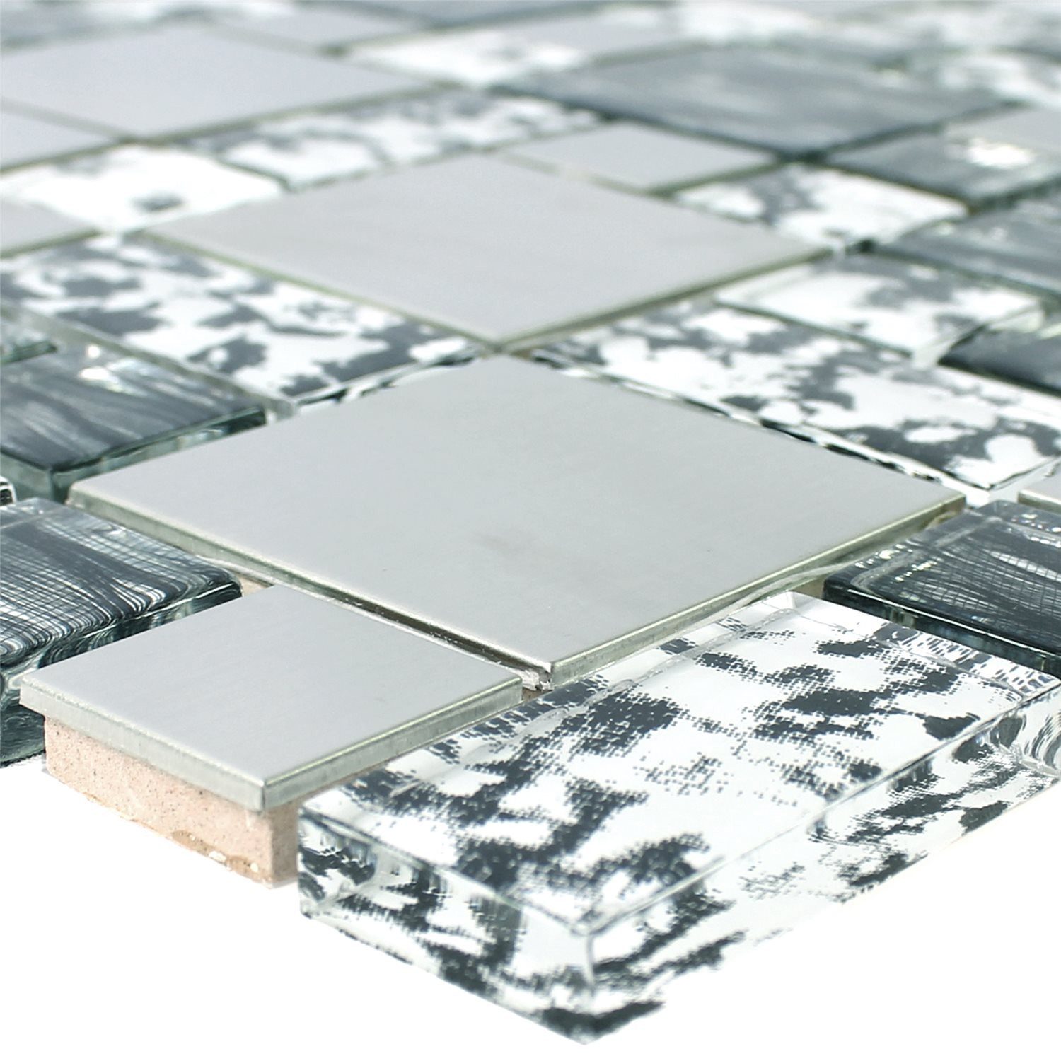 Mosafil Mosaikfliesen Glas Edelstahl Mosaik Rio Schwarz Silber Weiss, Glas-Metall-Edelstahl 30.000x30.000, weiß-schwarz-grau-silber, Verlegefertig auf ein Netz geklebt