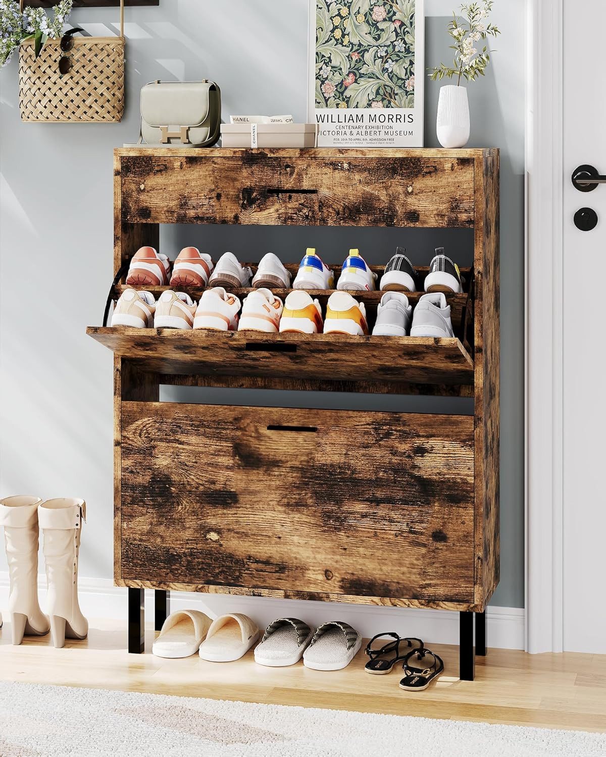 GarveeMore Schuhschrank aus Holz mit 3 Schubladen und 2 verstellbaren Regalböden schmale Schuhschrank,freistehendes Schuhregal für Flur,80x25x109cm