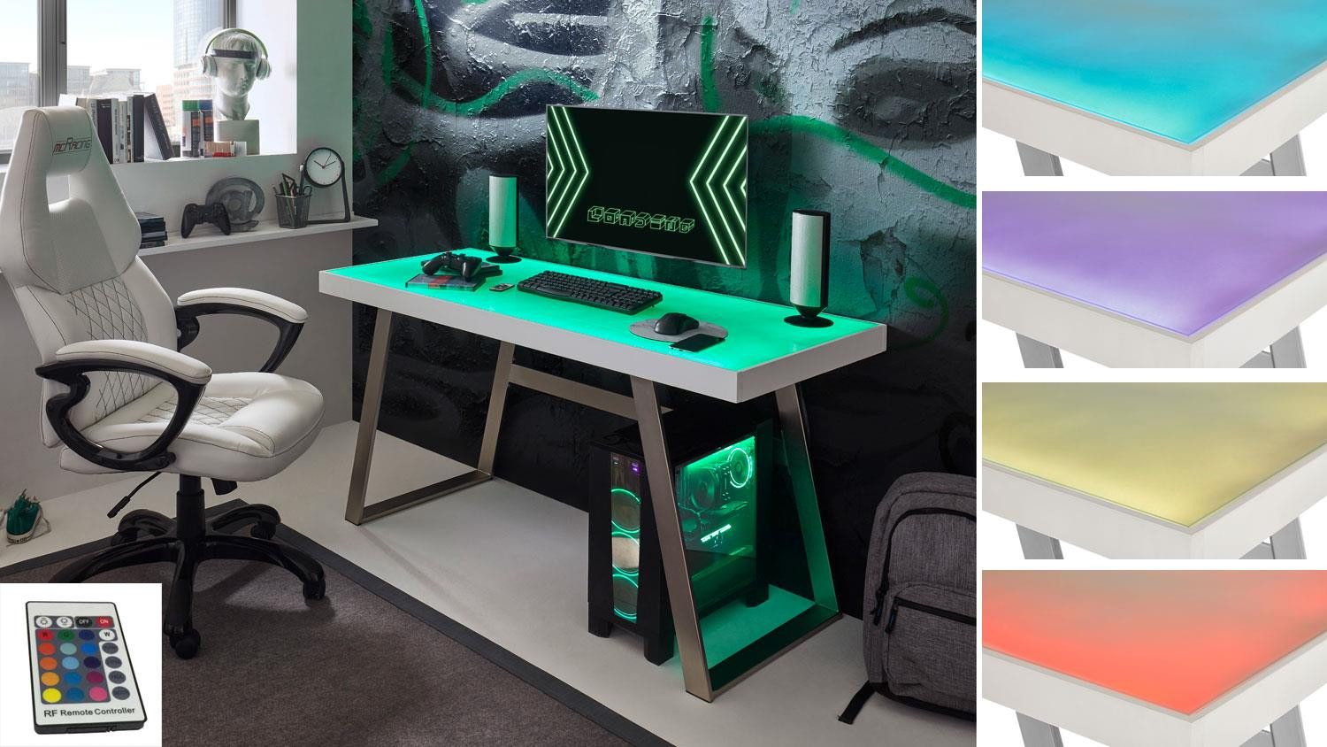 MCA furniture Schreibtisch Schreibtisch Tifilis Glasplatte weiß RGB LED Gestell edelstahoptik