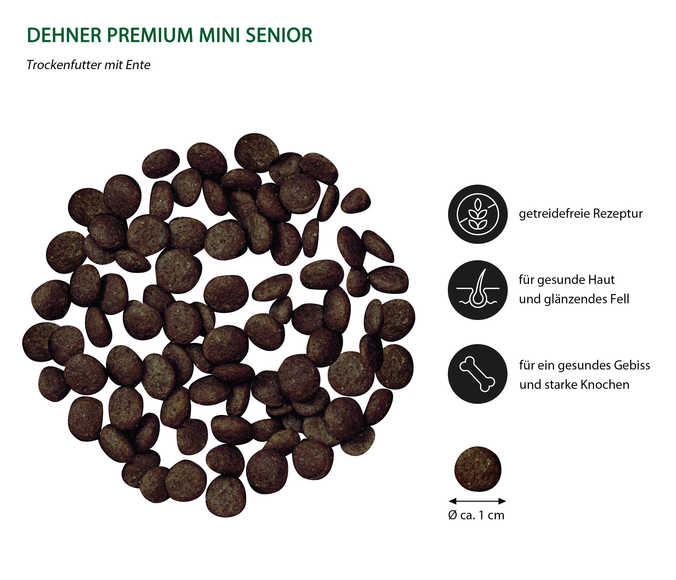 Dehner Premium Mini Senior Ente / Lamm / Kartoffel, 4 kg, getreidefrei Ente, Trockenfutter für: Hunde, Trockenfutter für ältere Hunde kleiner Rassen