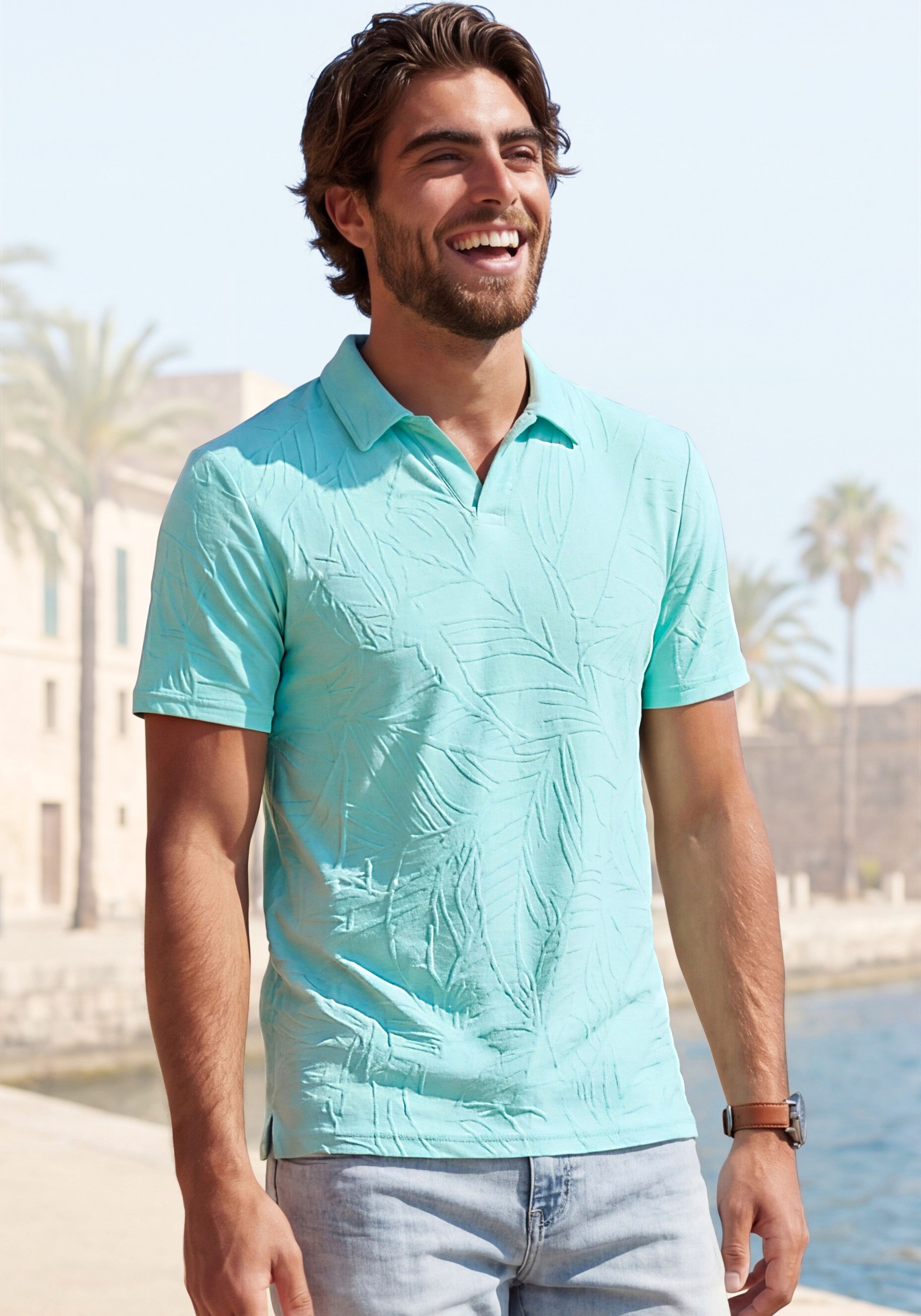 Beachtime Poloshirt, sommerliches T-Shirt mit modischen Blätter-Design neue Strukturqualität im Blätter-Design