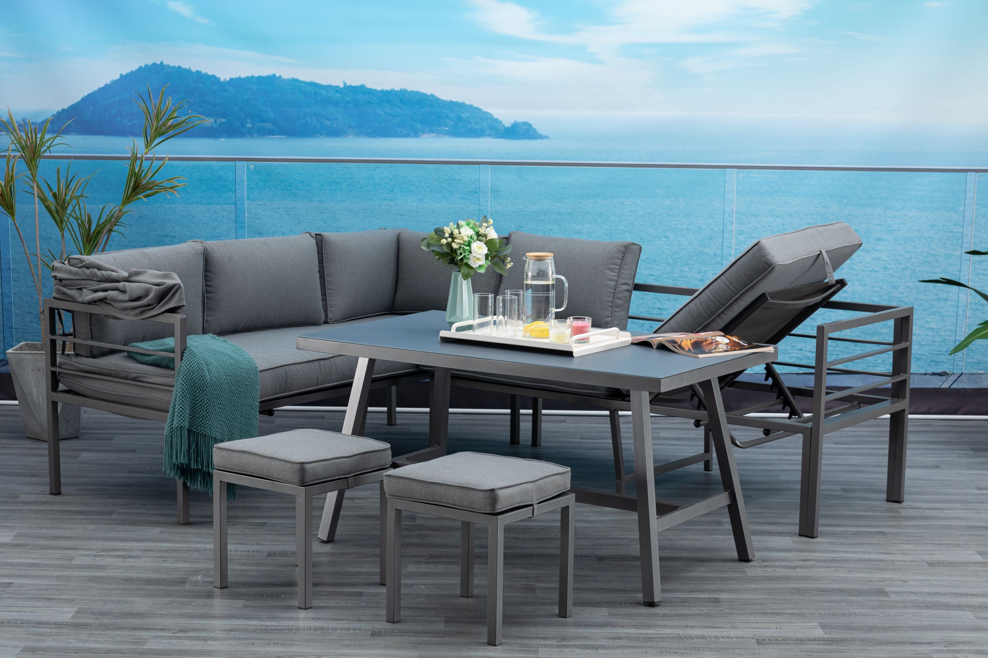 MANDALIKA Garden Gartenlounge-Set Newport anthrazit Gartenmöbelset Dining Eck Lounge, (Set, 4-tlg., Alu, Ecklounge, Esstisch, 2 Hocker inkl. Auflagen), inkl. Auflagen und Liegefunktion