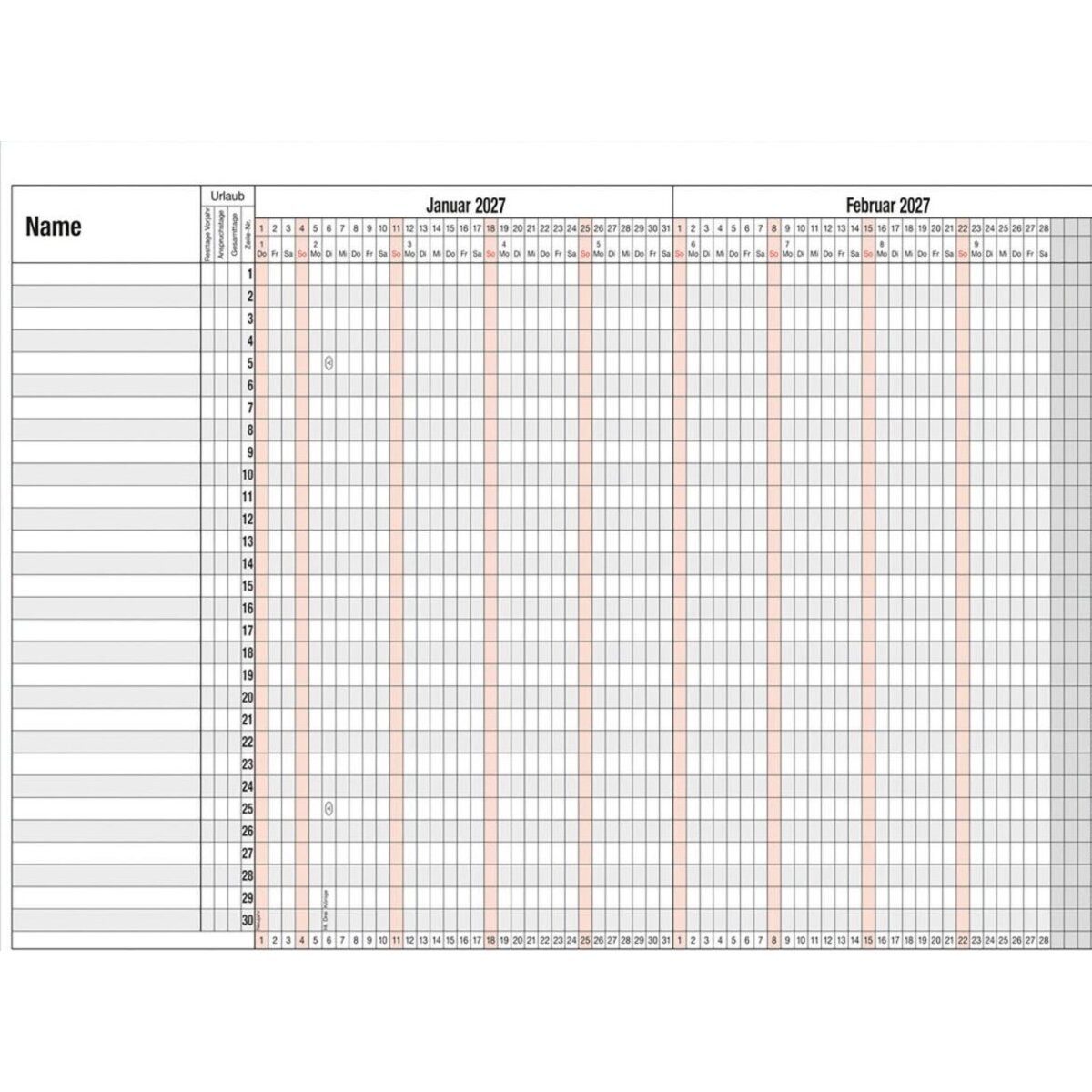GÜSS Kalender Jahresplaner Urlaubsplaner Maxi 98,5x60cm für 30 Mitarbeiter abwischbar 2027