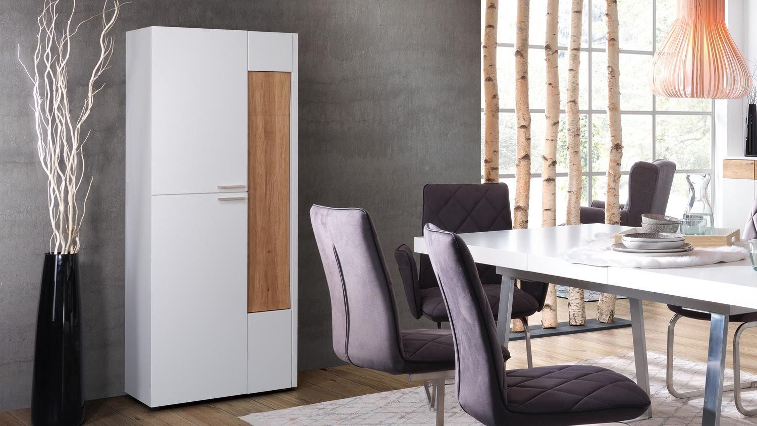 Möbel Akut Highboard Highboard OSLO weiß matt lackiert Designblende Asteiche Massivholz