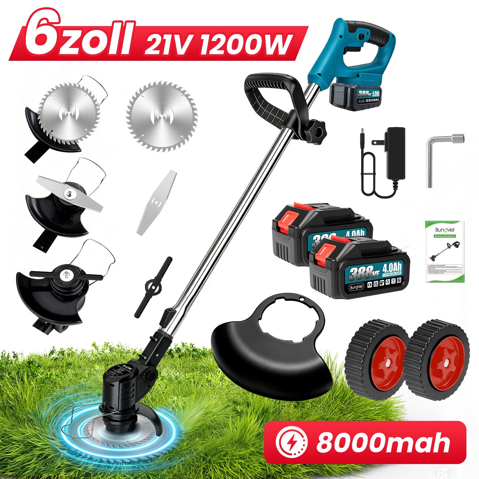 Bundviel Akku-Rasentrimmer Elektro Rasentrimmer 21V Akkurasenmäher Wiederaufladbarer mit 2xAkku, mit 2x4000mAh Akku & Ladegerät
