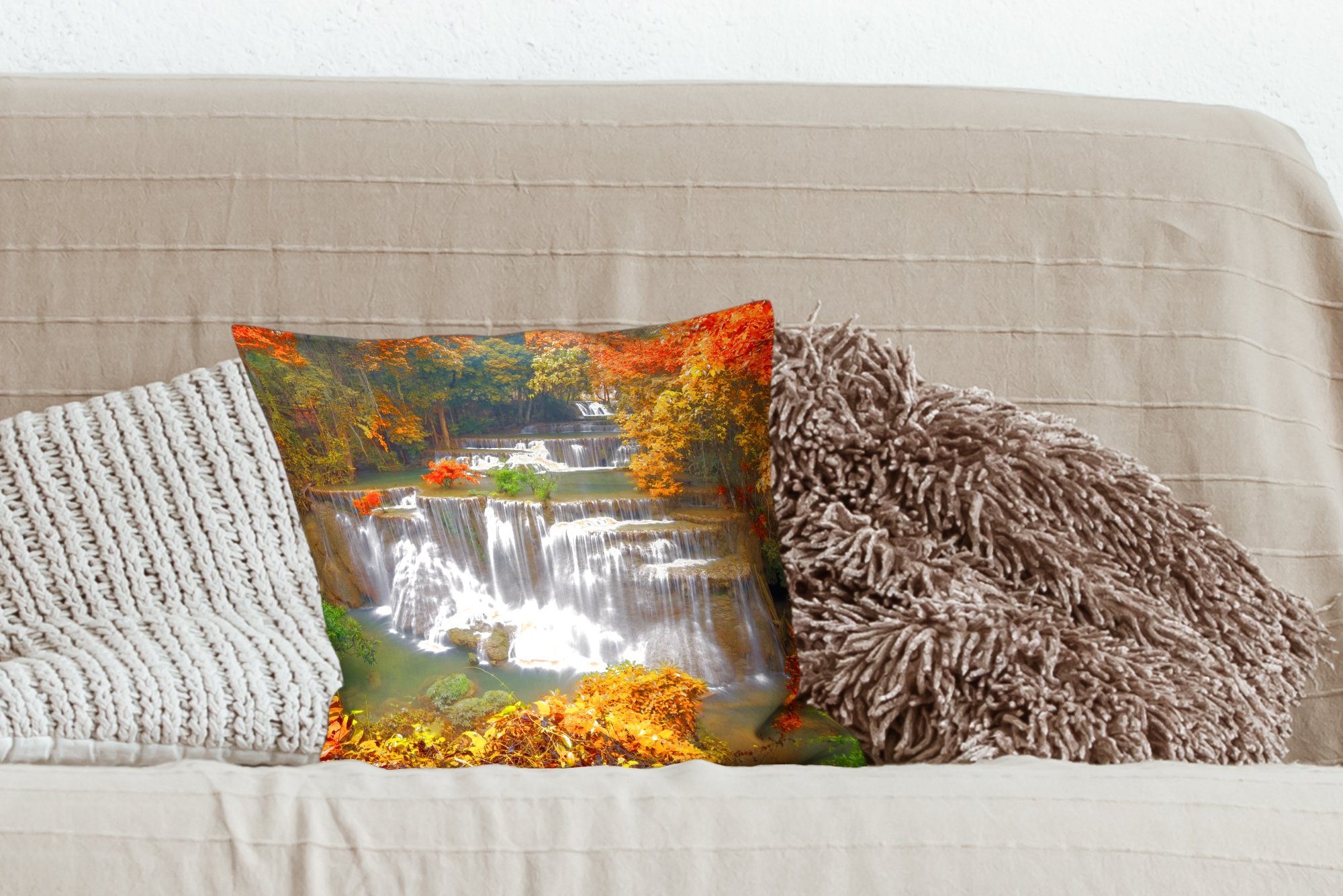 - Schlafzimmer, Zierkissen mit Sofakissen MuchoWow Dekokissen - Wasserfall Wohzimmer, Bäume Herbst, Füllung für Deko,