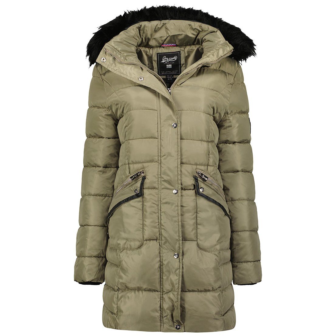 Geo Norway Winterjacke Damen, Steppjacke, abnehmbare Kapuze, Leder-Applikationen, Jacke