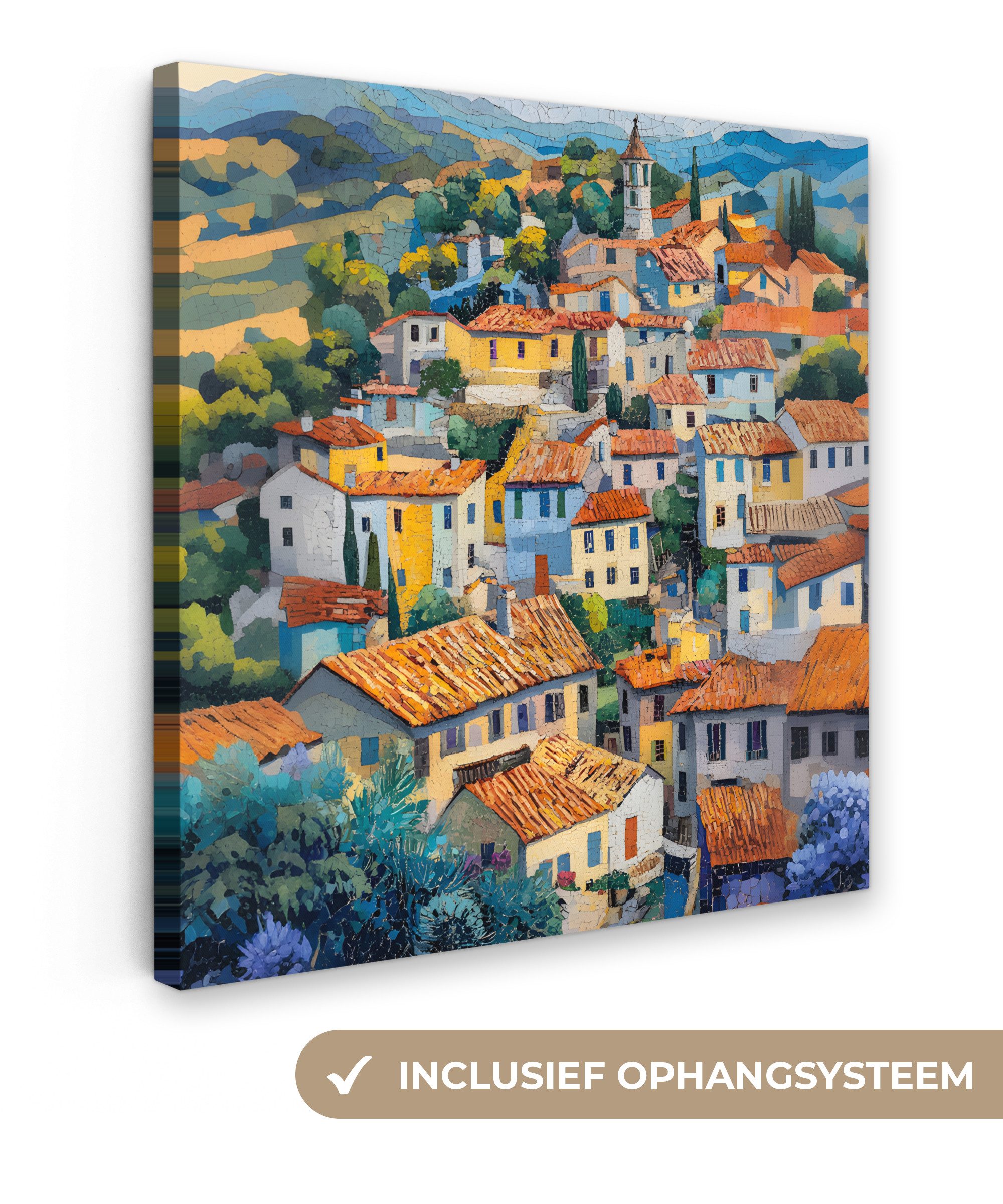 OneMillionCanvasses® Leinwandbild Dorf - Hügel - Landschaft - Bäume, Fotodruck (1 St), Wandbild, Deko Schlafzimmer Wohnzimmer Flur 20x20 cm