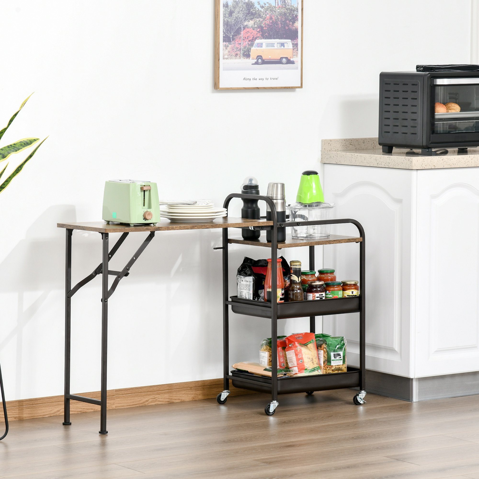 HOMCOM Küchenwagen Küchenrollwagen Servierwagen mit einer klappbaren Tischplatte